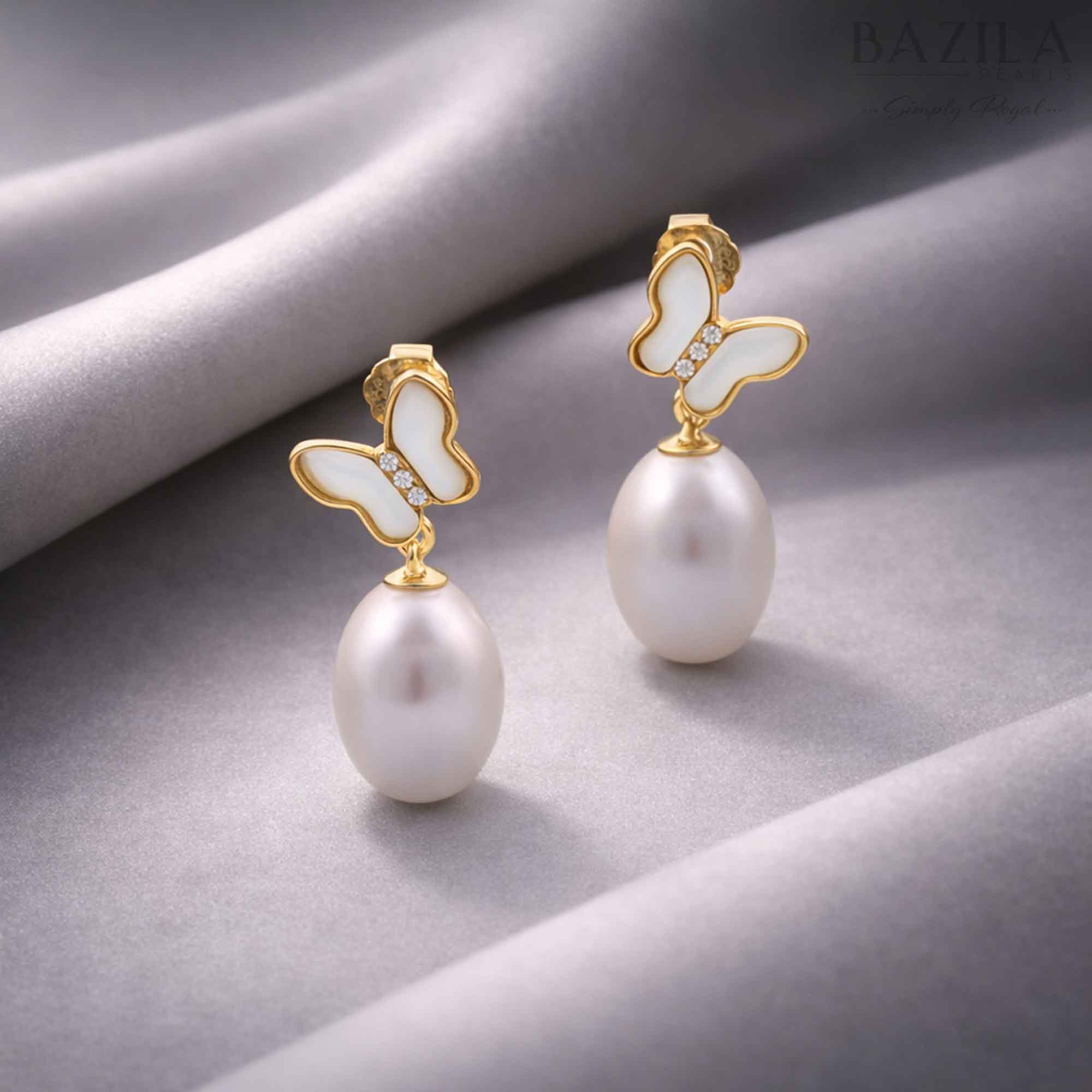 White Fresh Pearl Butterfly Drop Earrings – Gold Finish