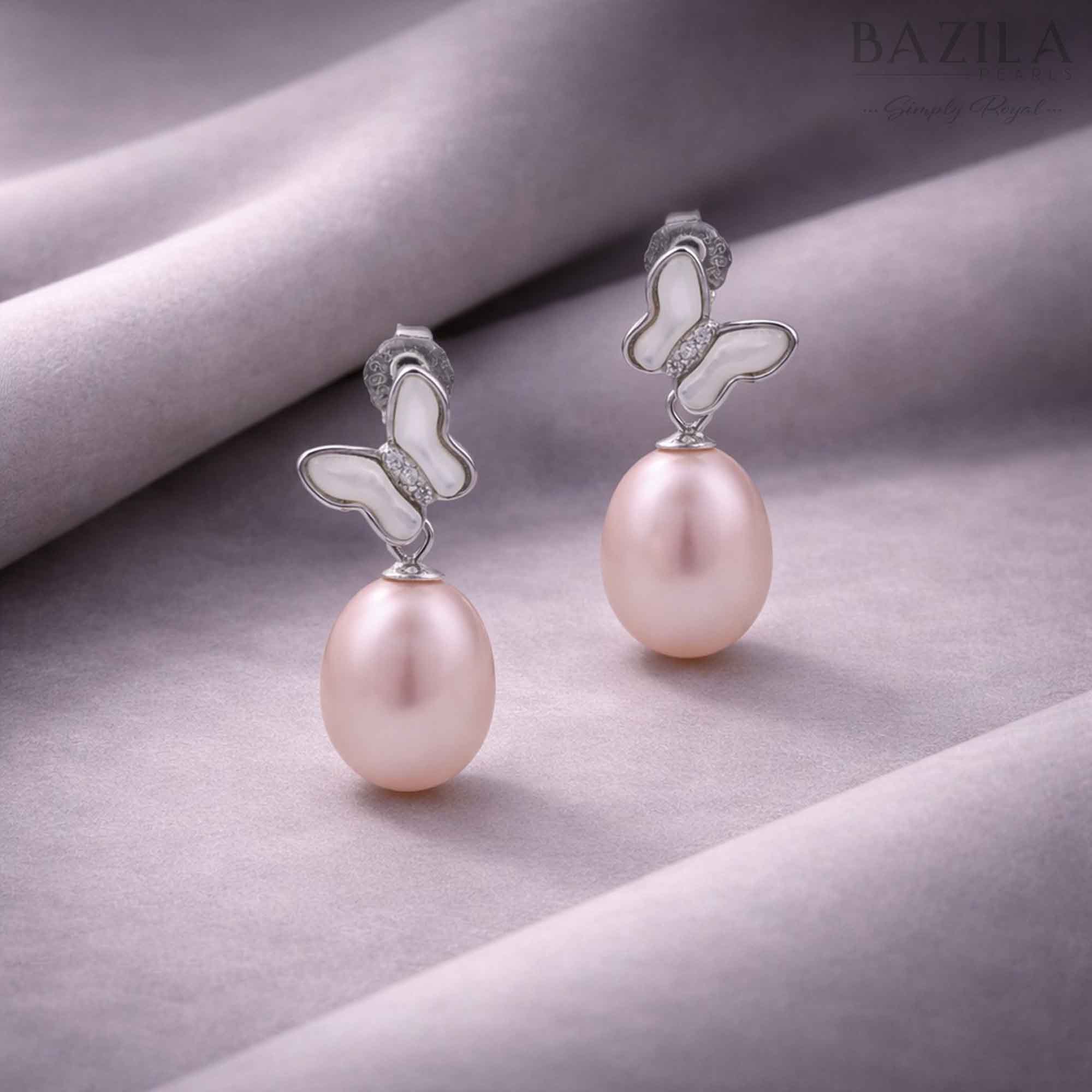 Pink Fresh Pearl Butterfly Drop Earrings – Silver Finish