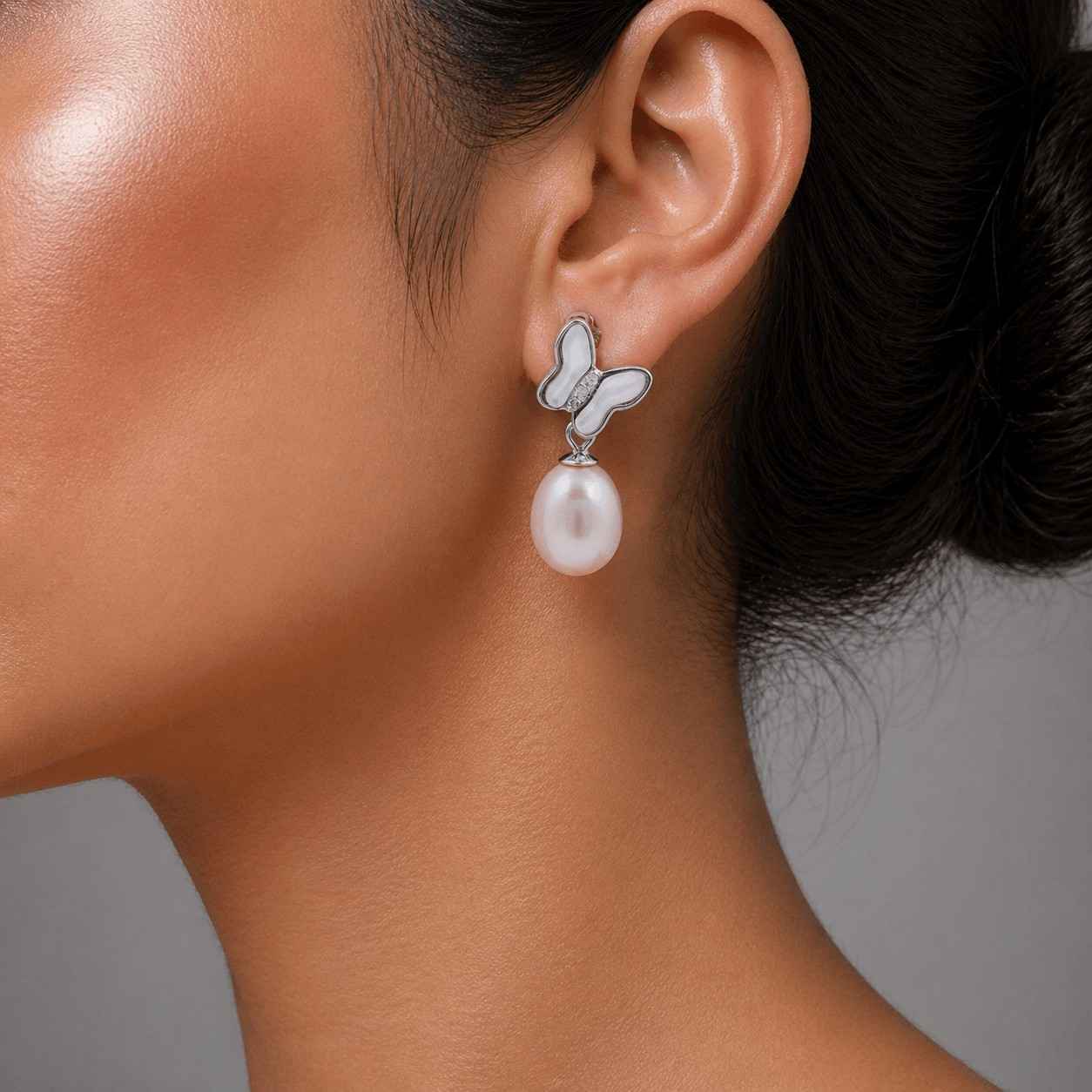 Pink Fresh Pearl Butterfly Drop Earrings – Silver Finish