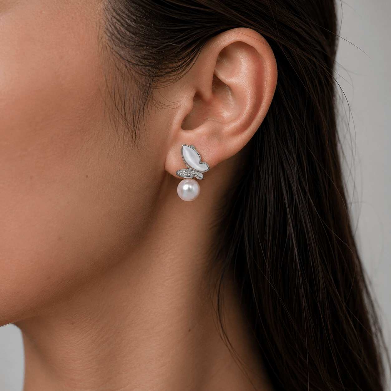 Fresh Pearl Butterfly Studs – Silver Elegance