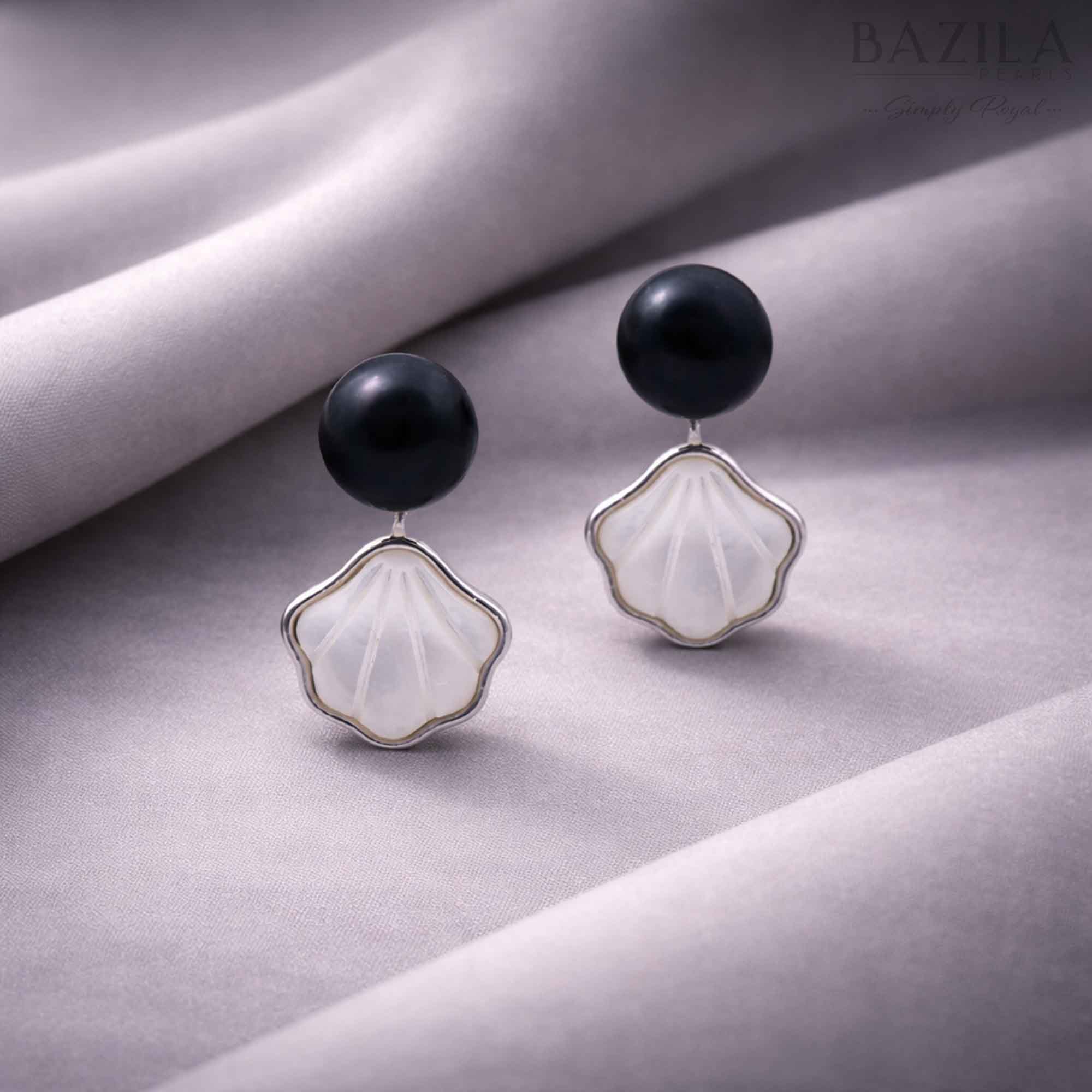 Black Fresh Pearl Shell Drop Earrings – Silver Finish