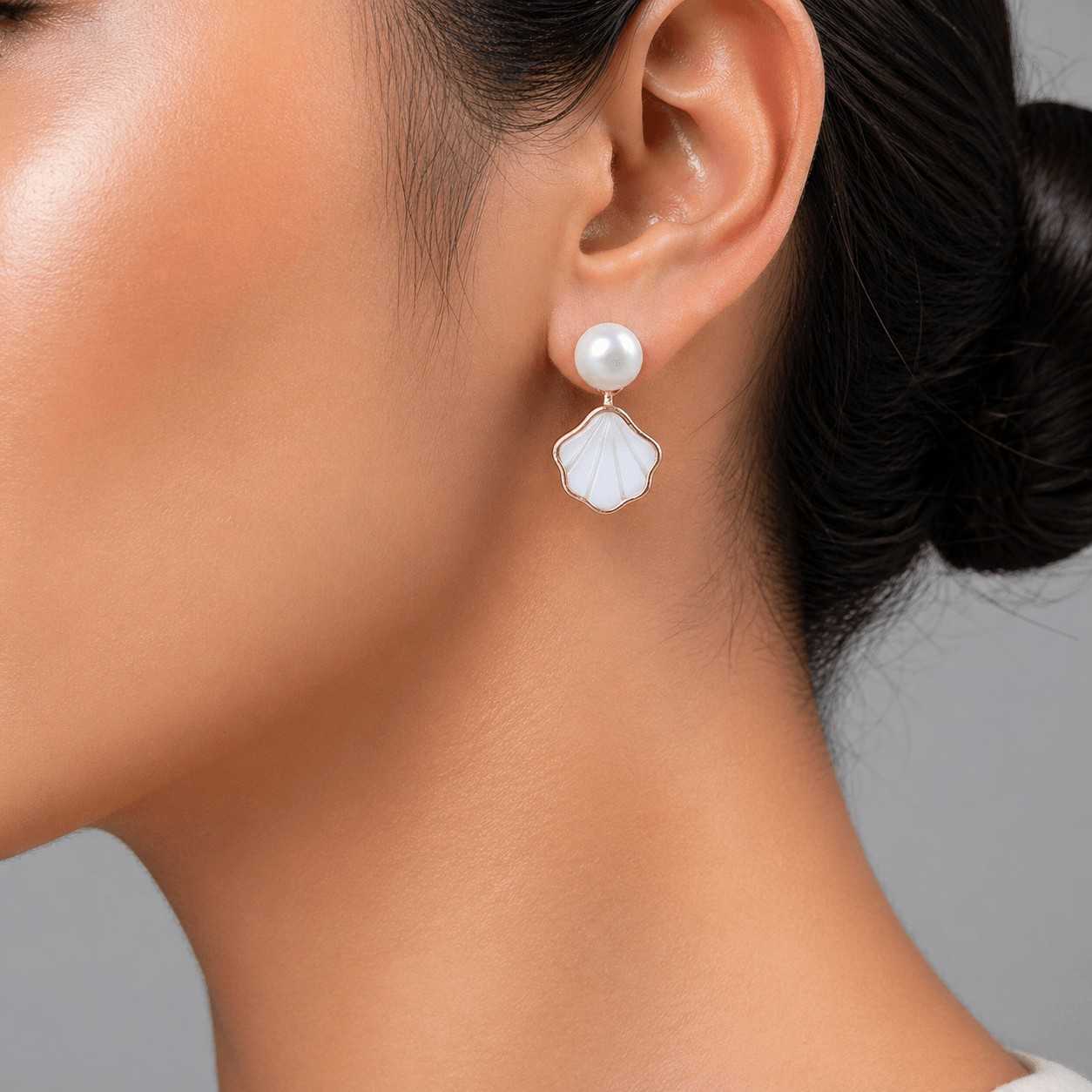 White Fresh Pearl Shell Drop Earrings – Gold Finish