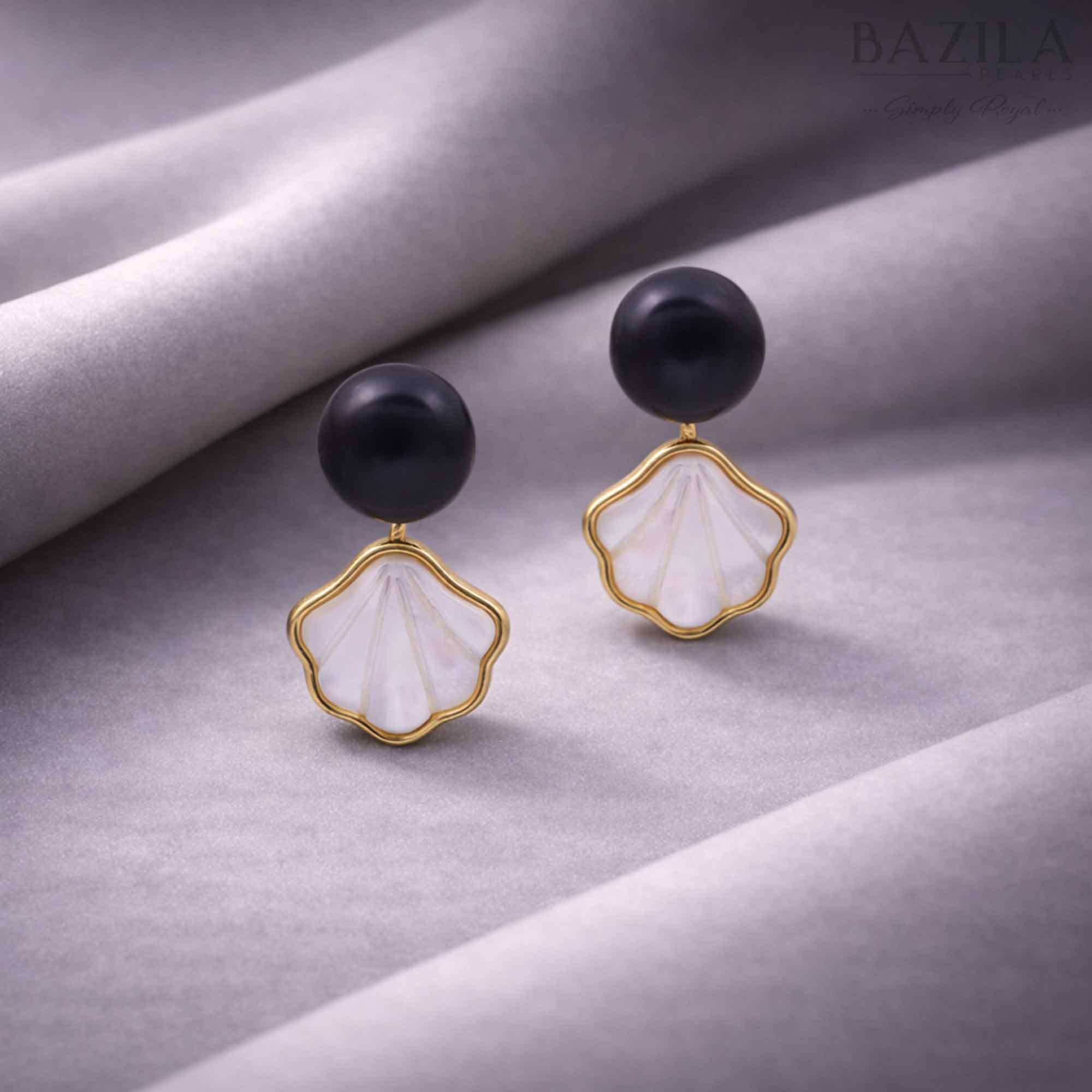 Black Fresh Pearl Shell Drop Earrings – Gold Finish