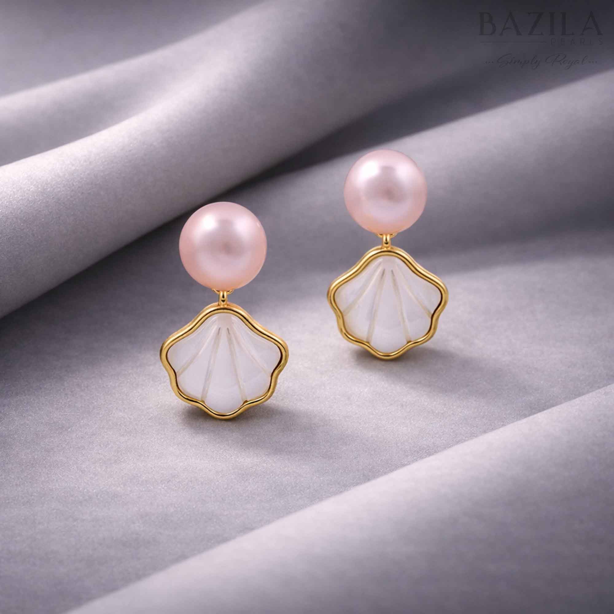 Pink Fresh Pearl Shell Drop Earrings – Gold Finish
