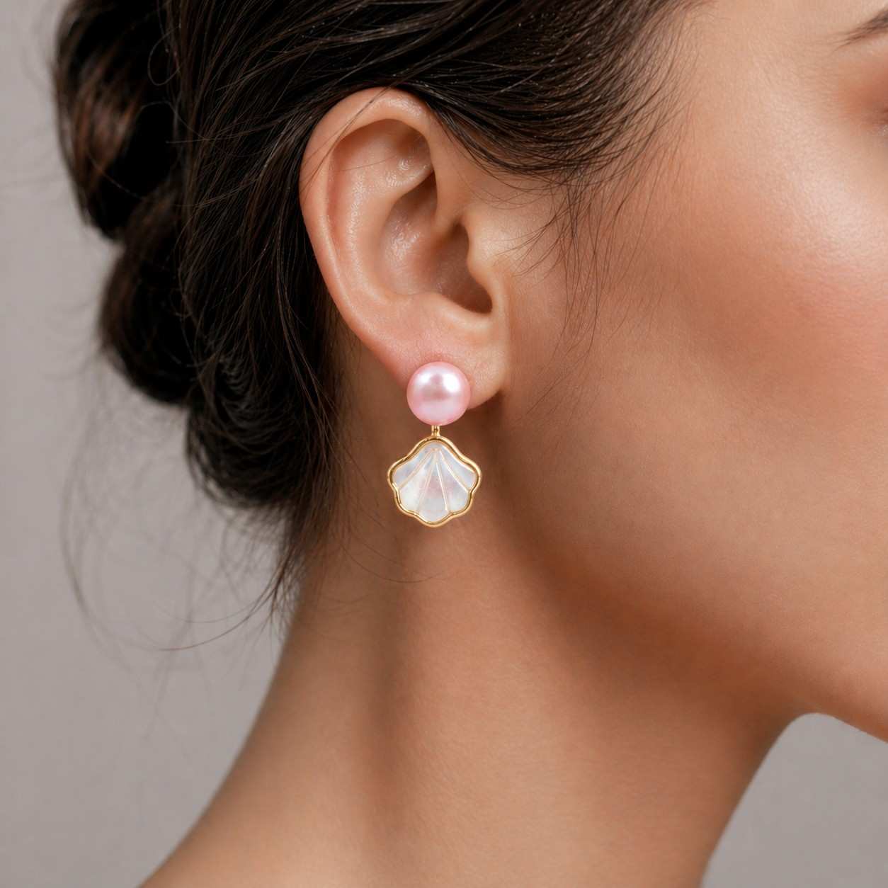 Pink Fresh Pearl Shell Drop Earrings – Gold Finish