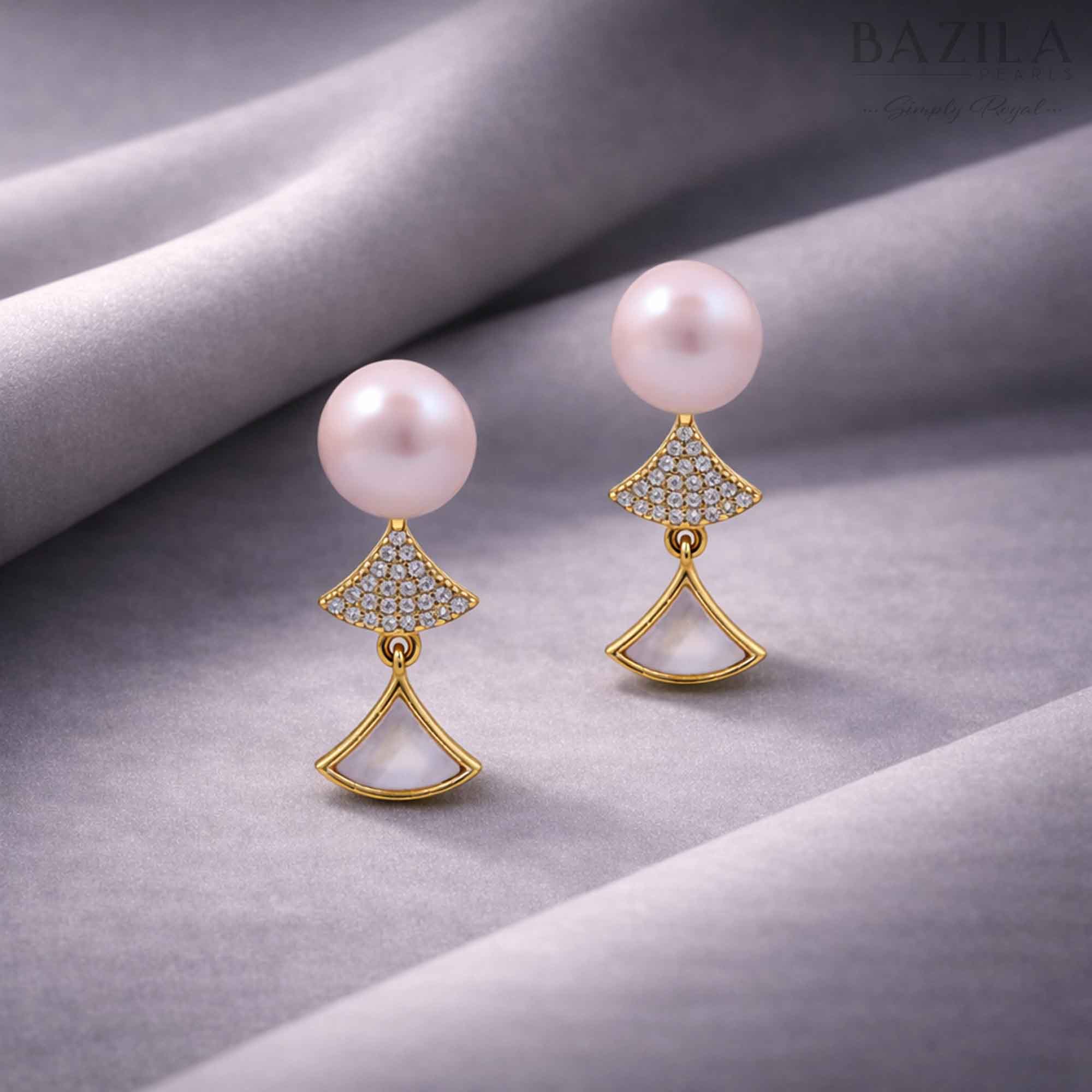 White Fresh Pearl Fan Drop Earrings – Gold Finish