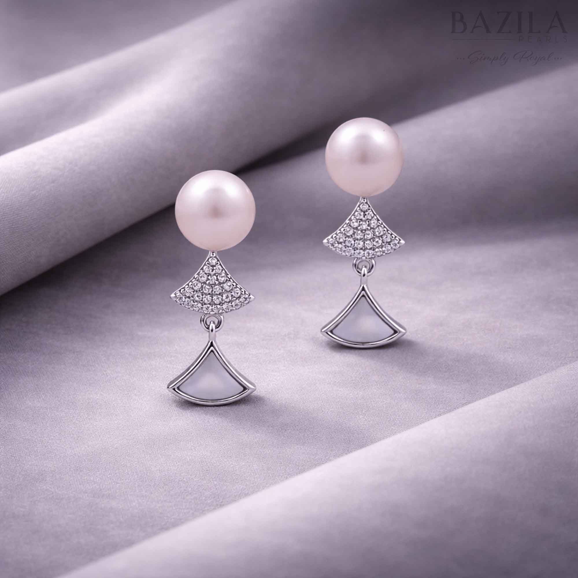White Fresh Pearl Fan Drop Earrings – Silver Finish
