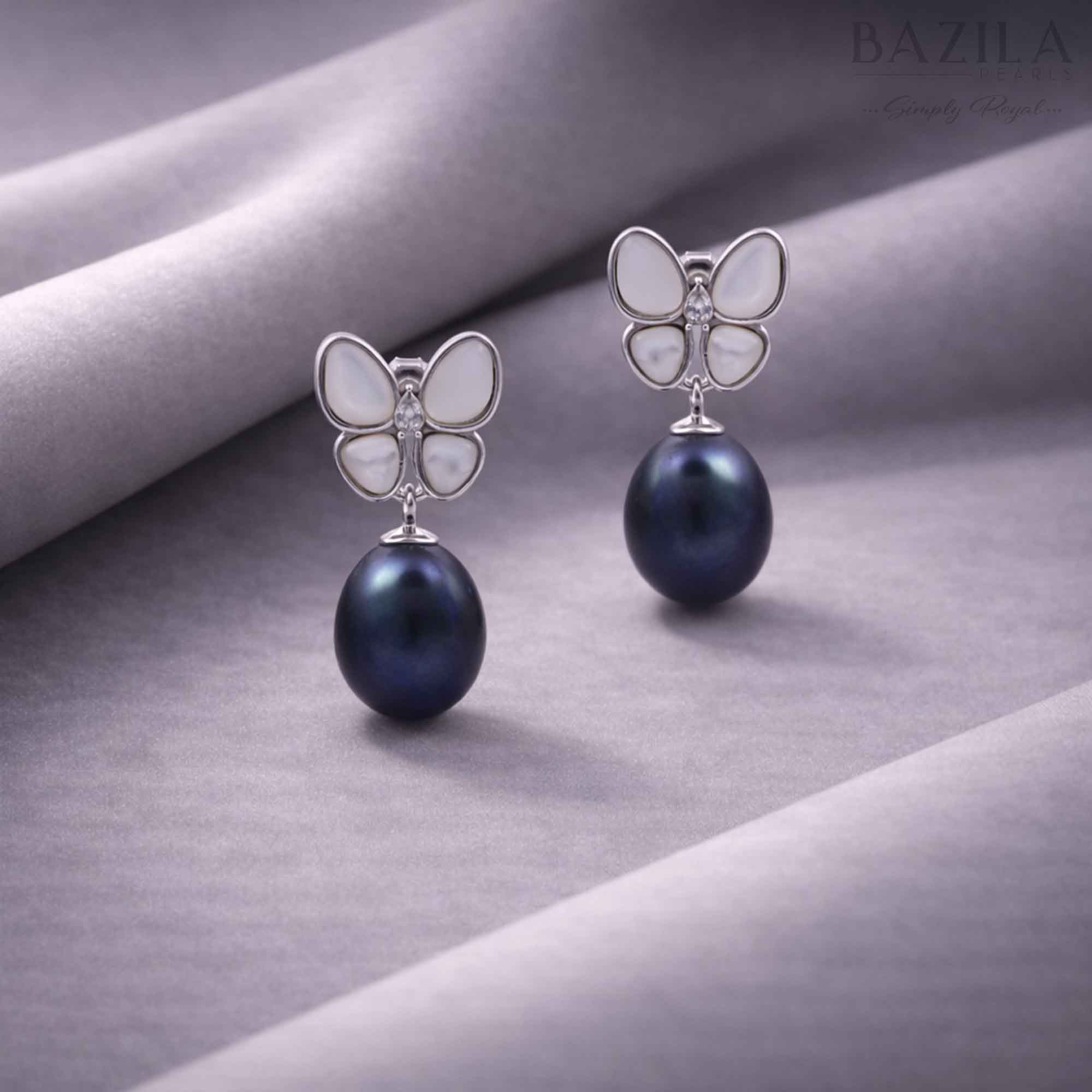 Peacock Blue Fresh Pearl Butterfly Drop Earrings – Silver Finish