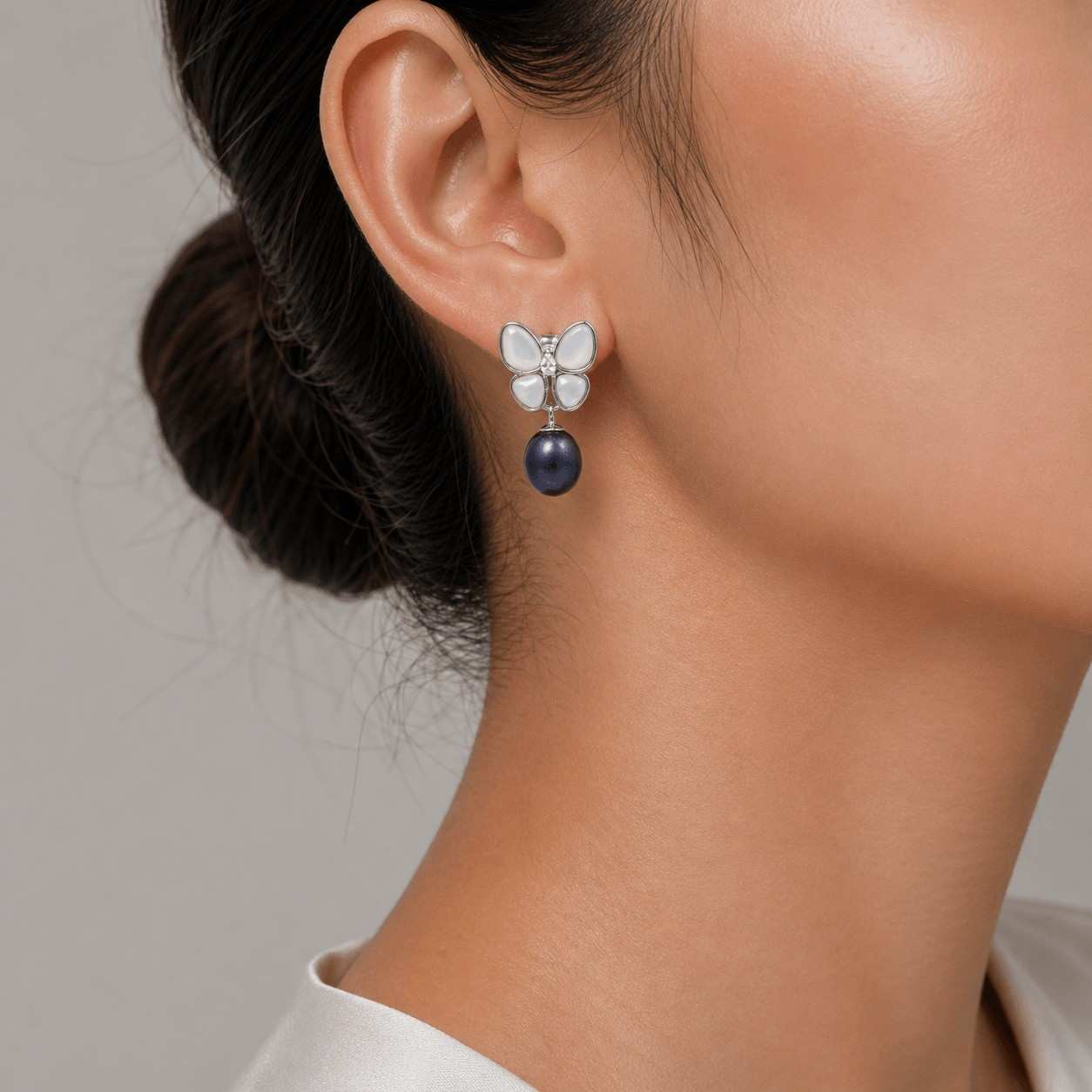 Peacock Blue Fresh Pearl Butterfly Drop Earrings – Silver Finish