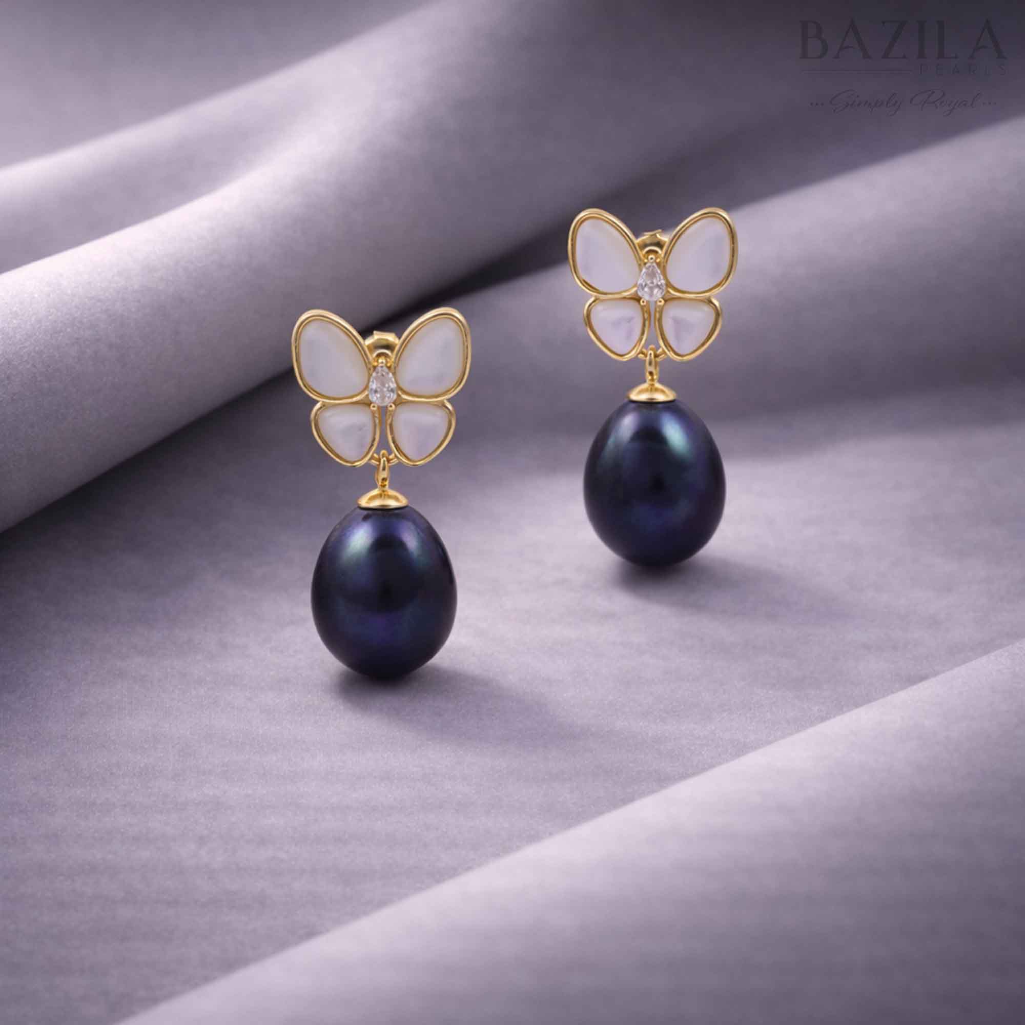 Black Fresh Pearl Butterfly Drop Earrings – Gold Finish