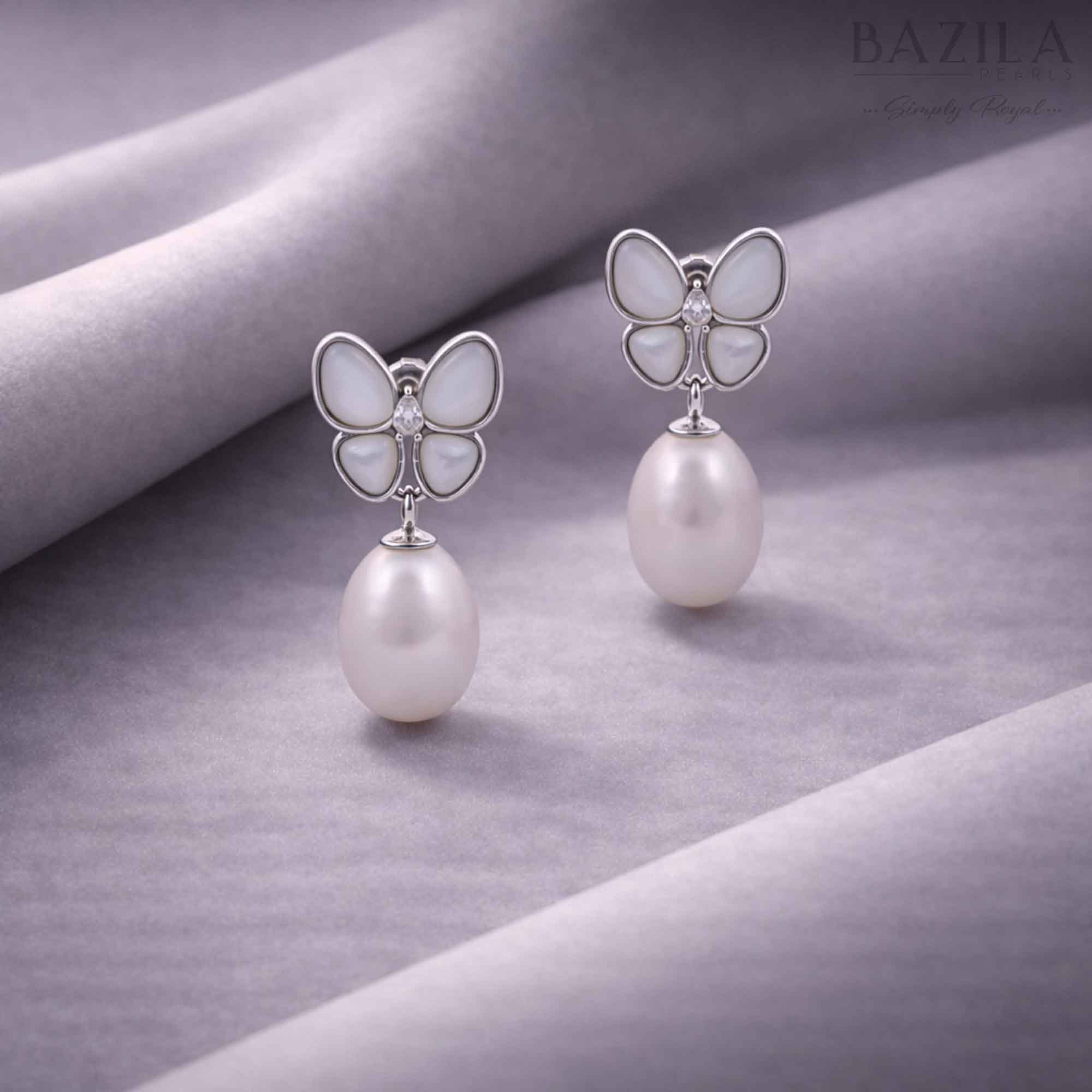 White Fresh Pearl Butterfly Drop Earrings – Silver Finish