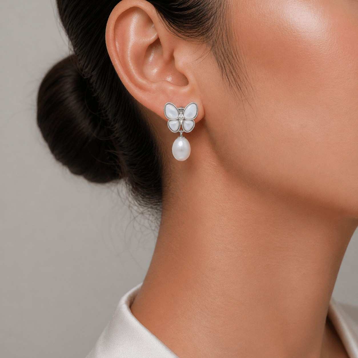 White Fresh Pearl Butterfly Drop Earrings – Silver Finish