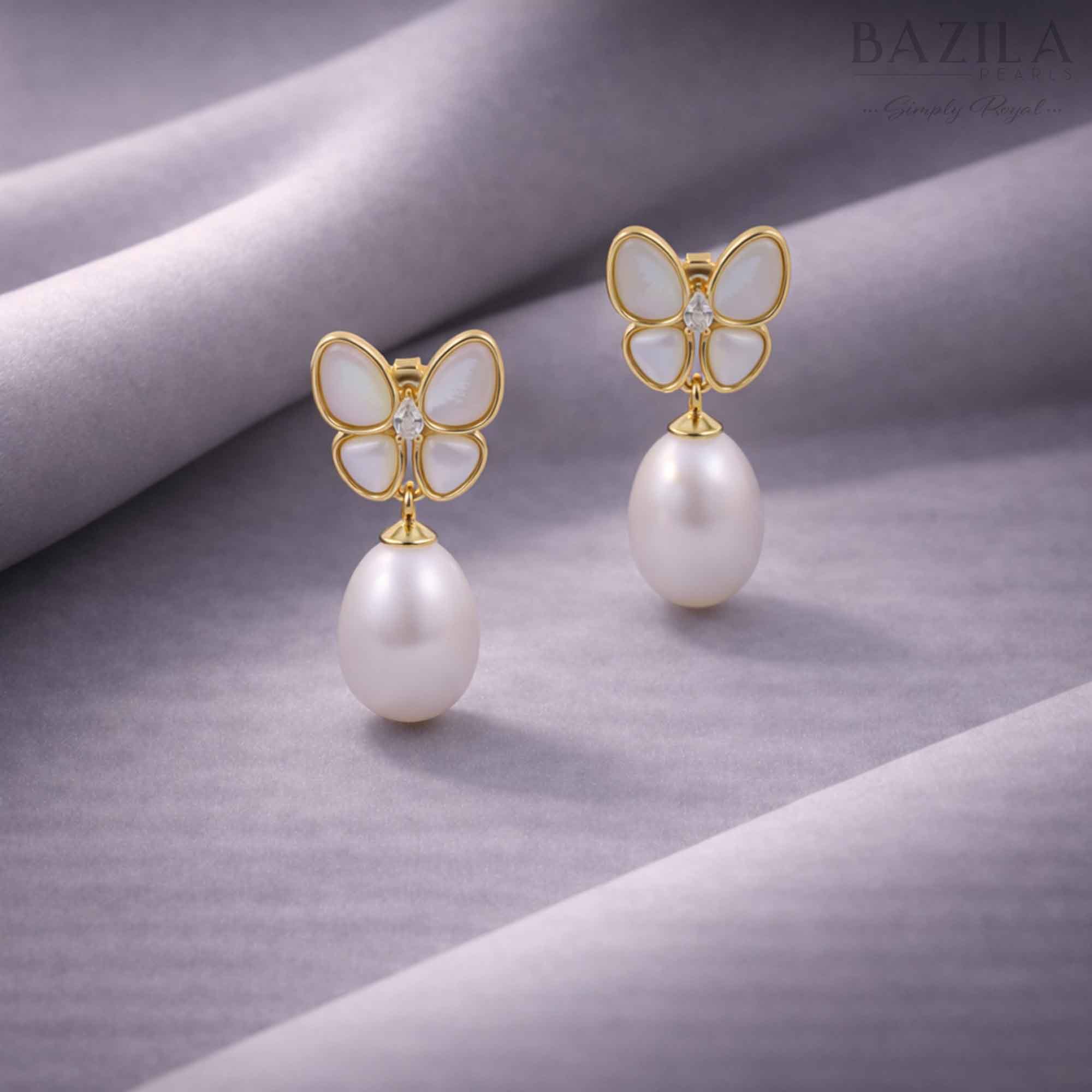 Pink Fresh Pearl Butterfly Drop Earrings – Gold Finish