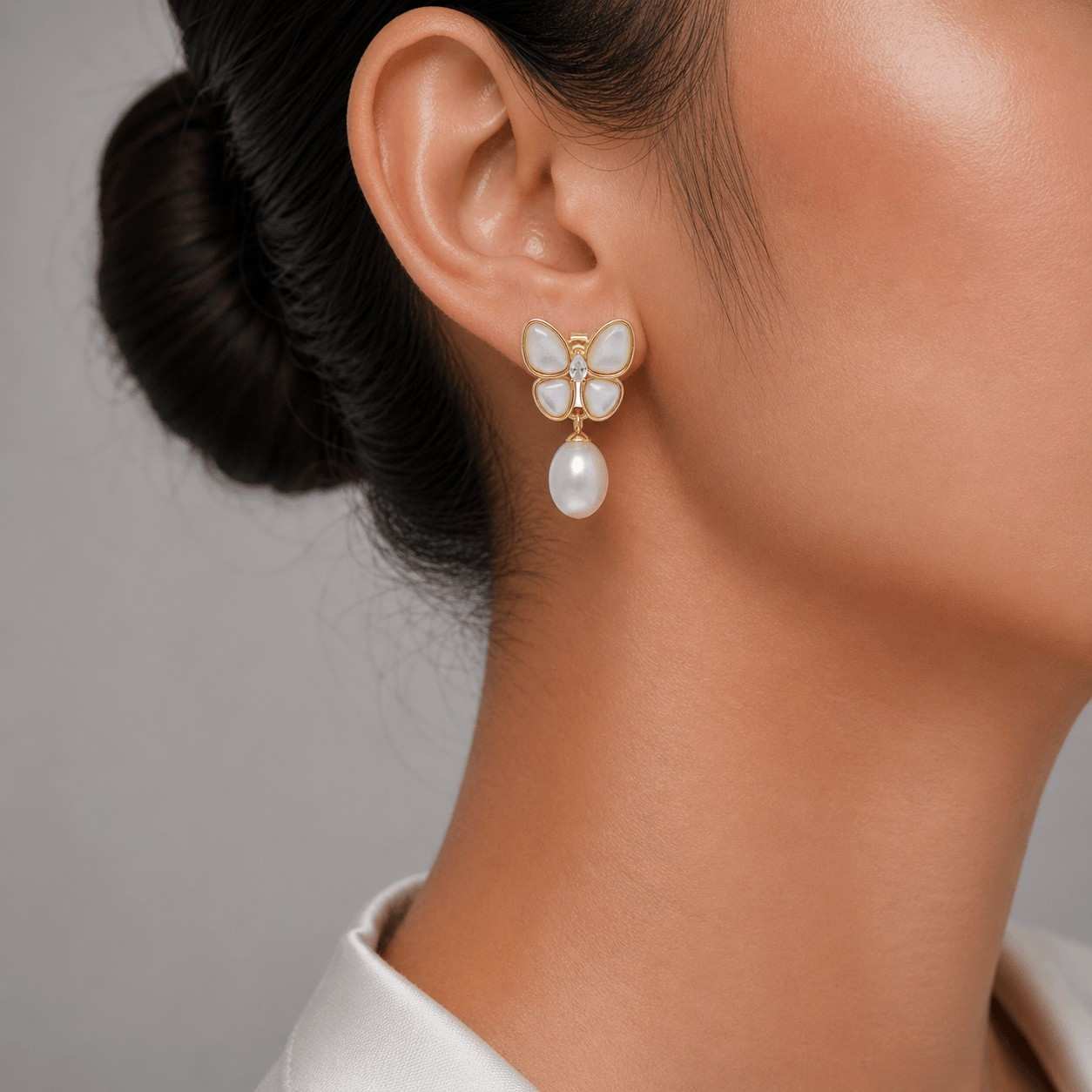 Pink Fresh Pearl Butterfly Drop Earrings – Gold Finish