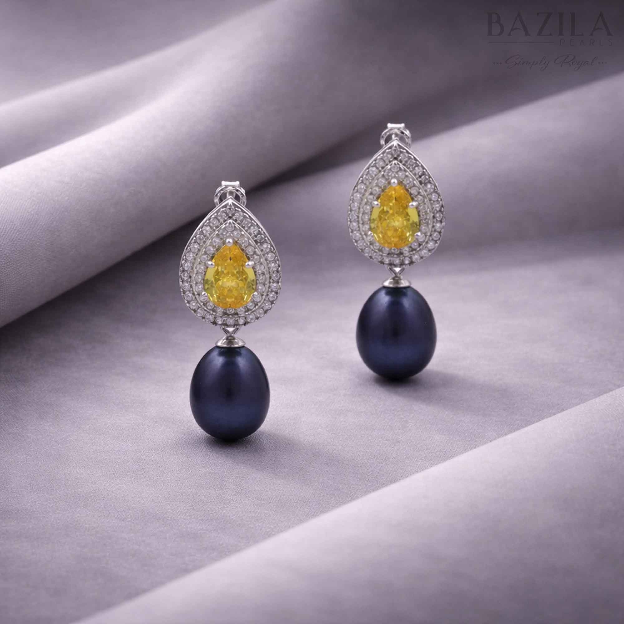 Black Fresh Pearl Teardrop Earrings with Yellow Stone – Silver Finish