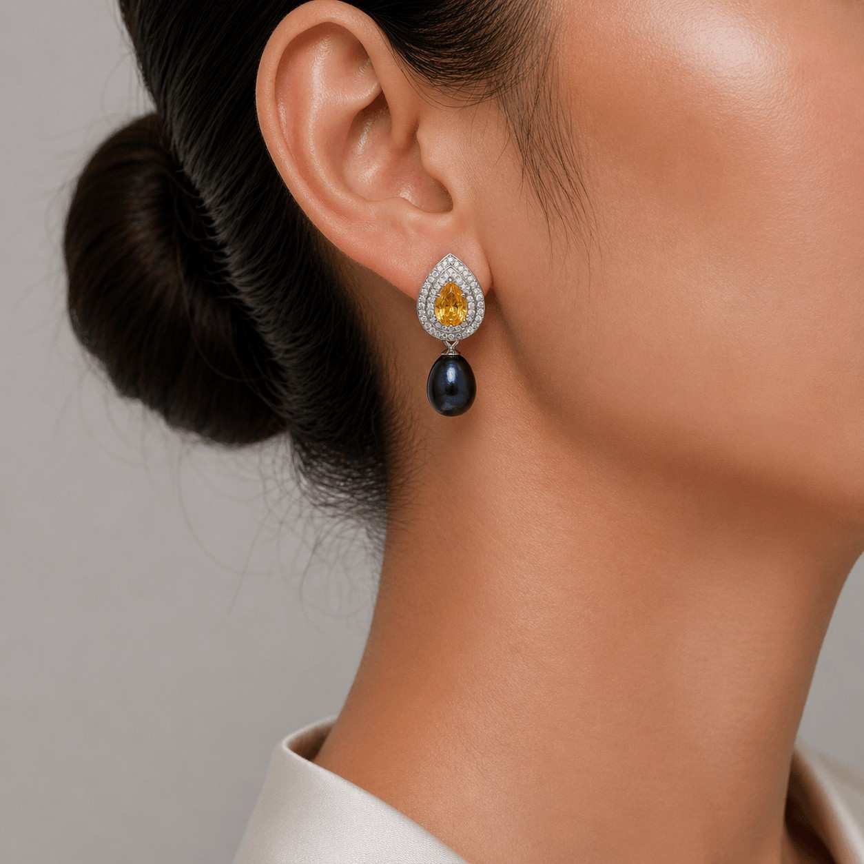 Black Fresh Pearl Teardrop Earrings with Yellow Stone – Silver Finish