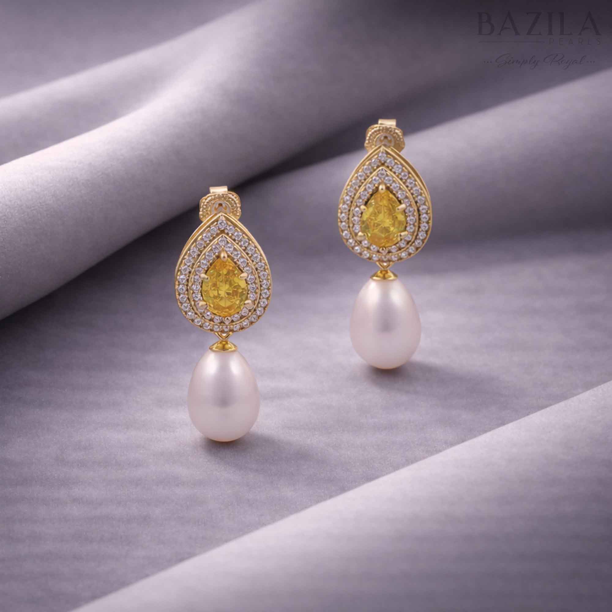 White Fresh Pearl Teardrop Earrings with Yellow Stone – Gold Finish