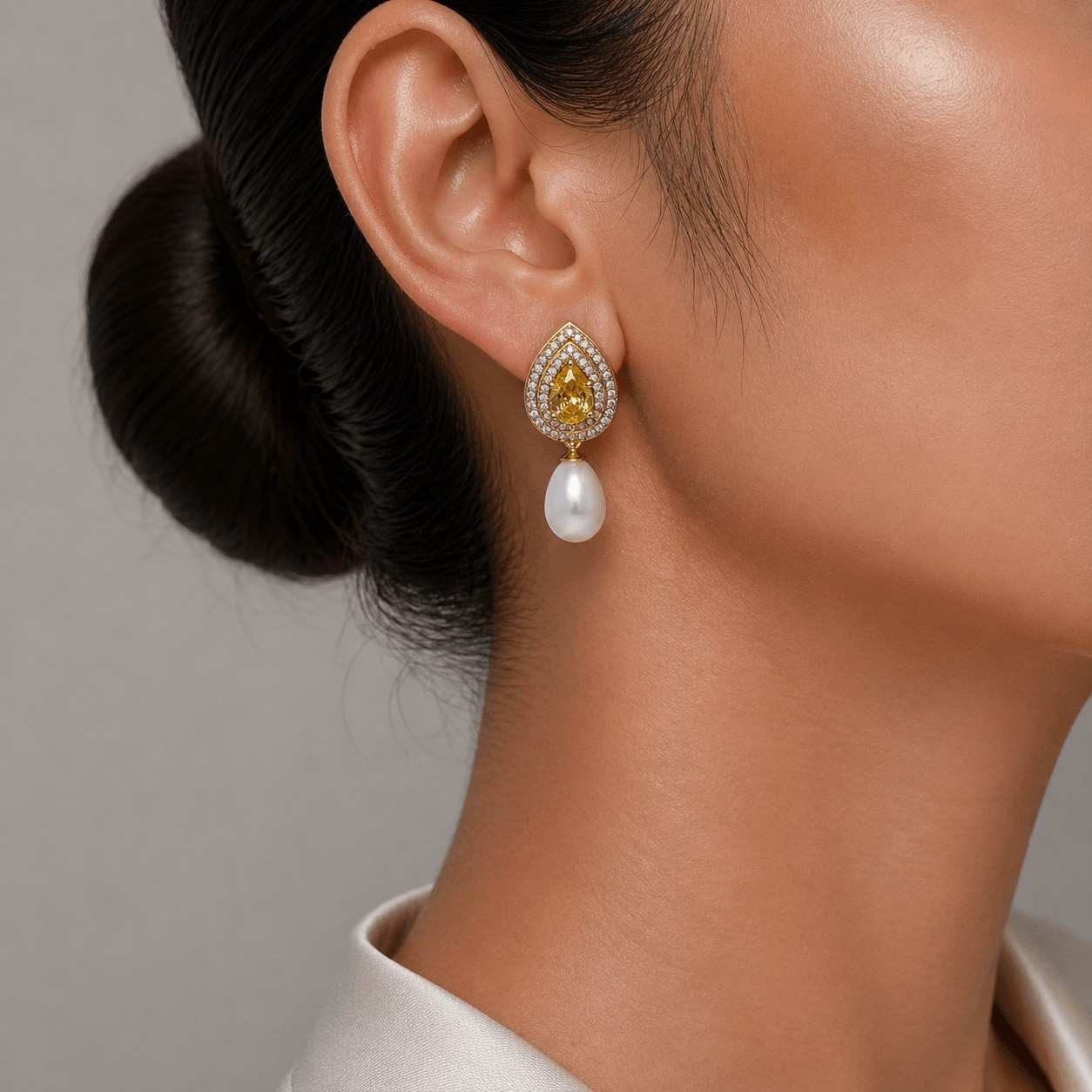 White Fresh Pearl Teardrop Earrings with Yellow Stone – Gold Finish