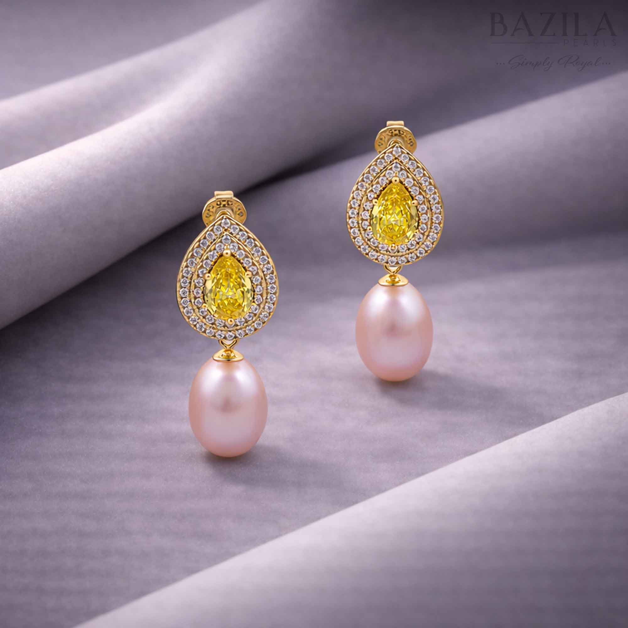 Pink Fresh Pearl Teardrop Earrings with Yellow Stone – Gold Finish
