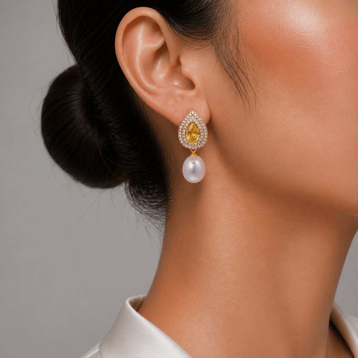Pink Fresh Pearl Teardrop Earrings with Yellow Stone – Gold Finish