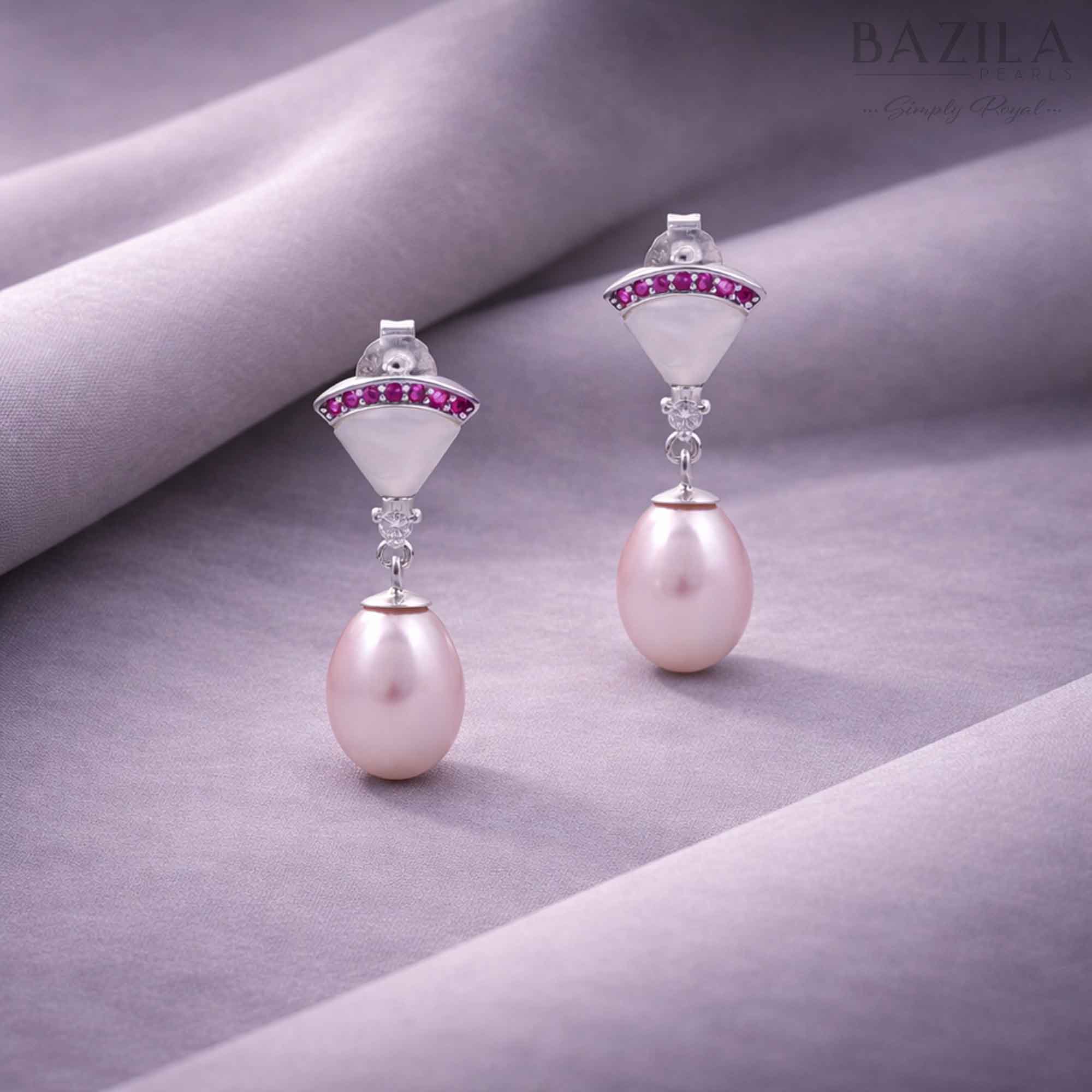 Pink Fresh Pearl Drop Earrings with Ruby Accent – Silver Finish