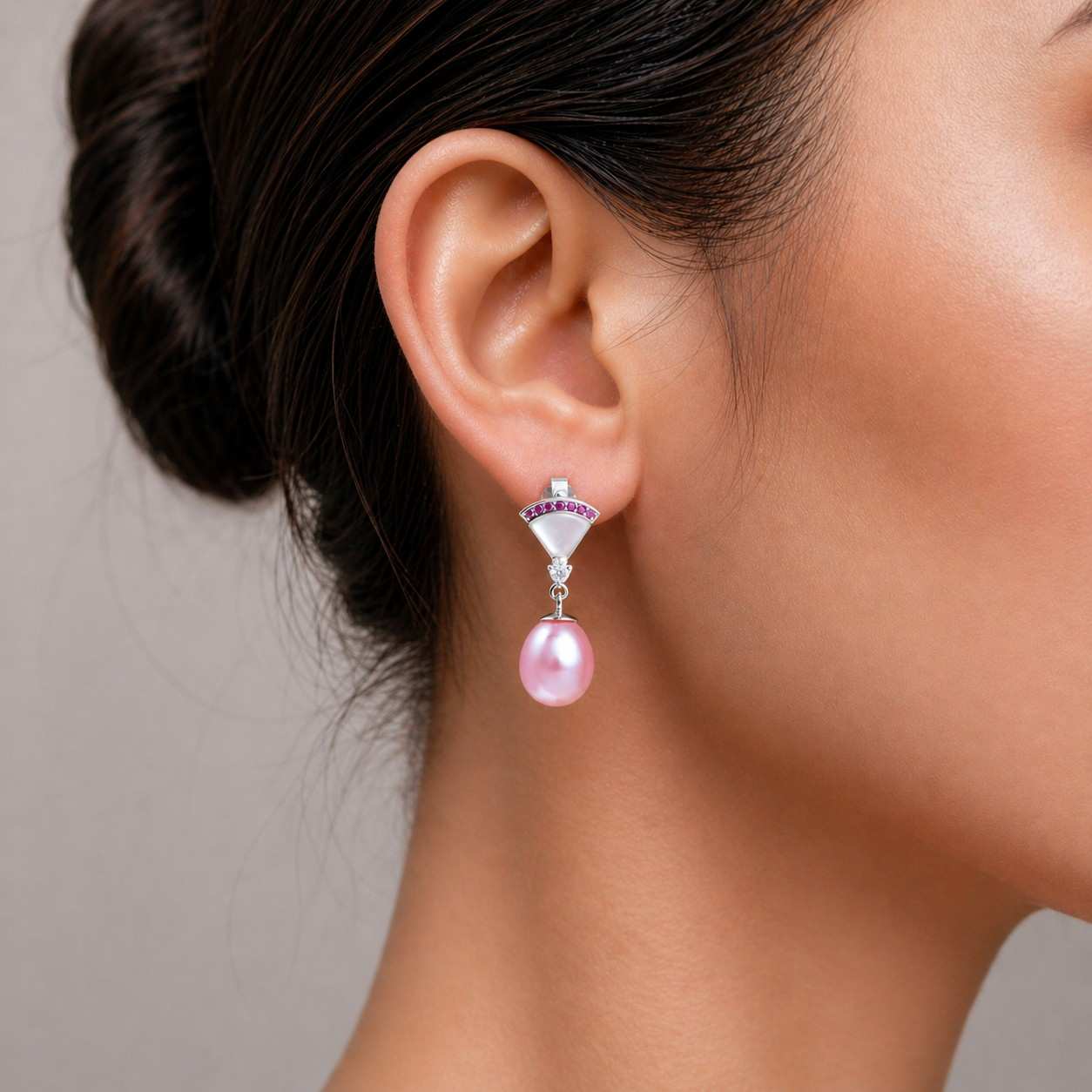Pink Fresh Pearl Drop Earrings with Ruby Accent – Silver Finish