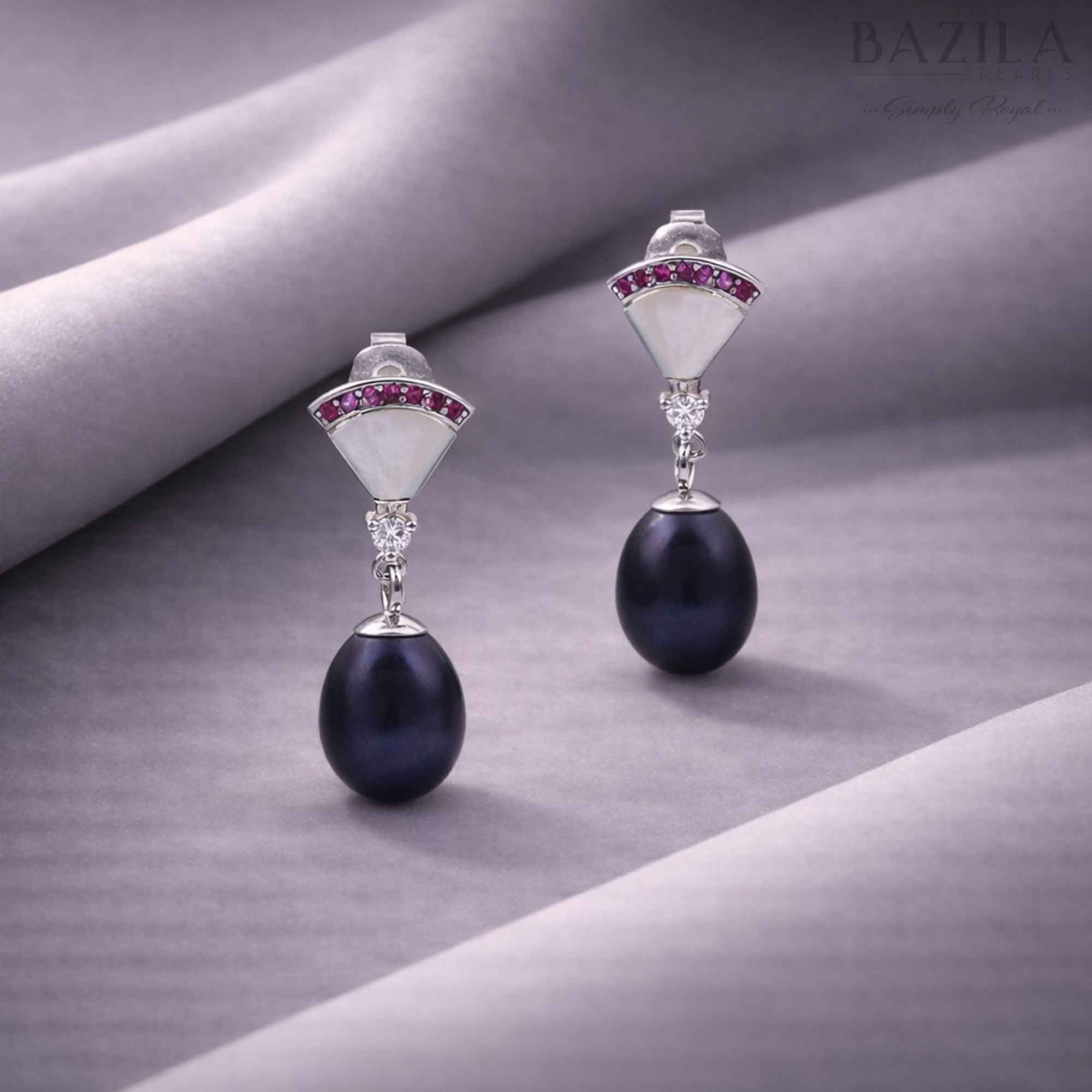Black Fresh Pearl Drop Earrings with Ruby Accent – Silver Finish