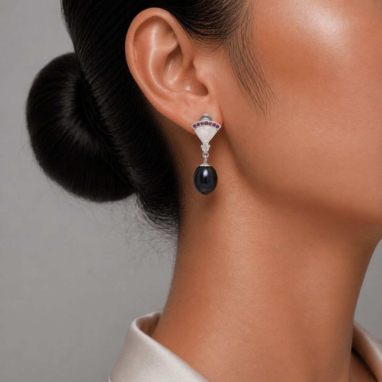 Black Fresh Pearl Drop Earrings with Ruby Accent – Silver Finish