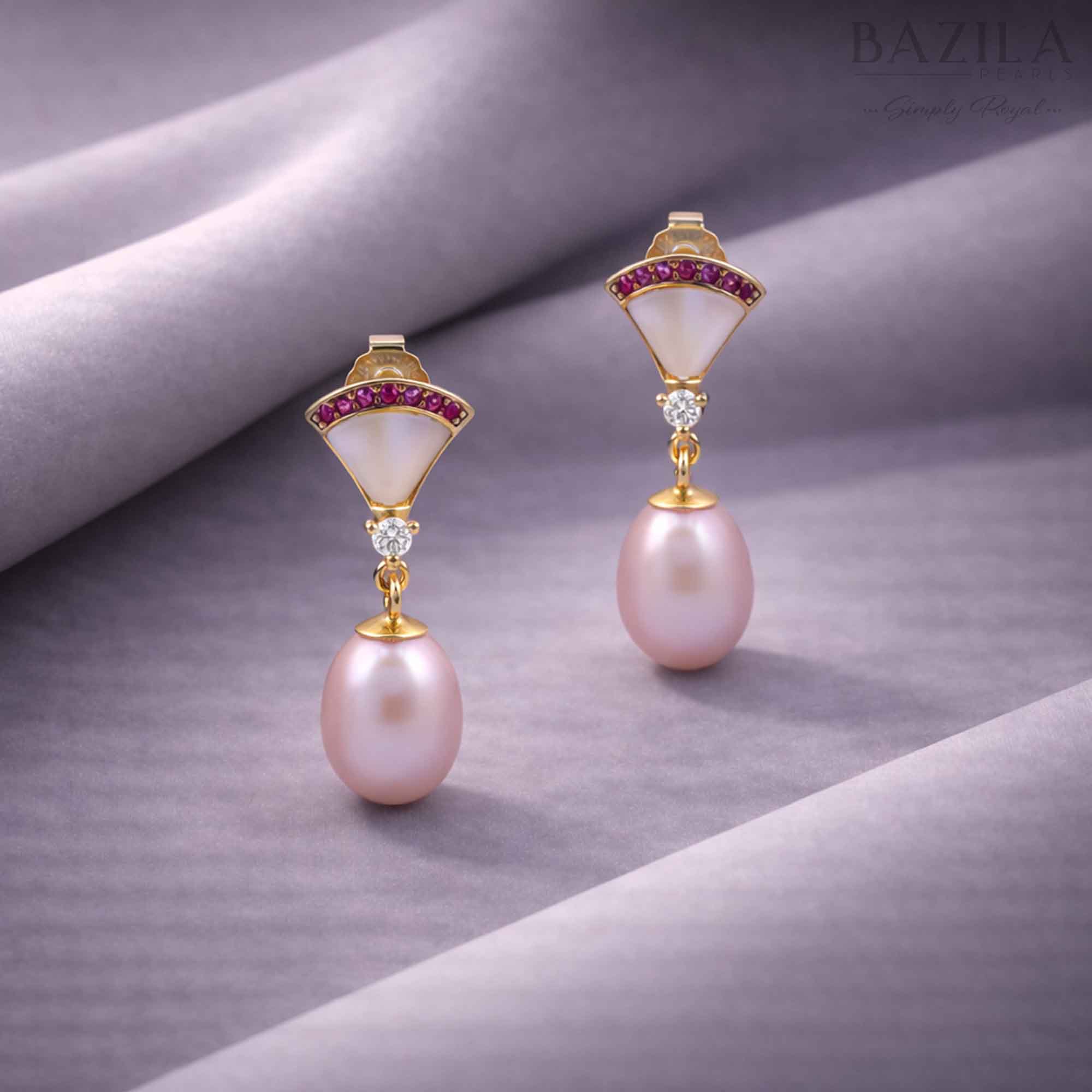 Pink Fresh Pearl Drop Earrings with Ruby Accent – Gold Finish
