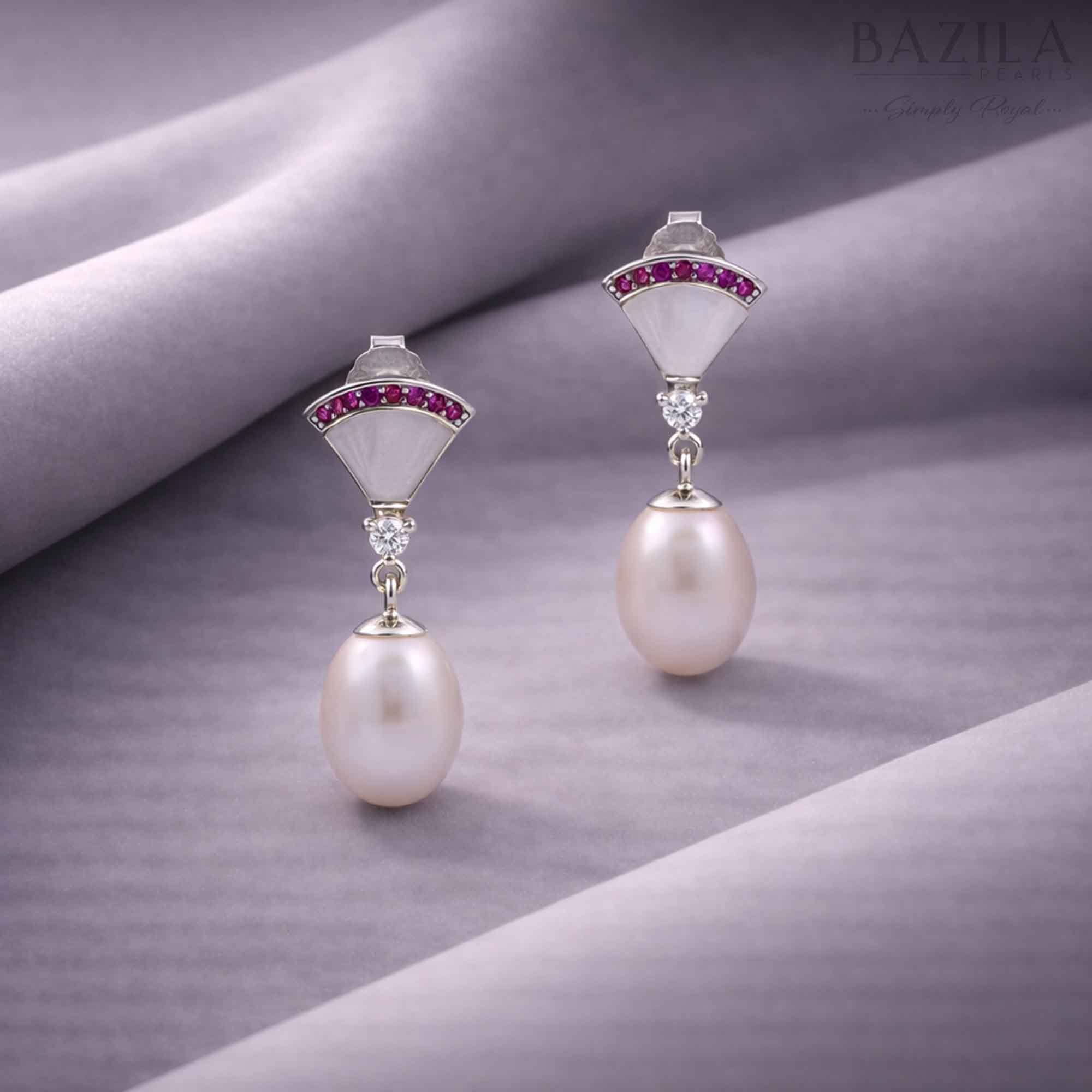 White Fresh Pearl Drop Earrings with Ruby Accent – Silver Finish