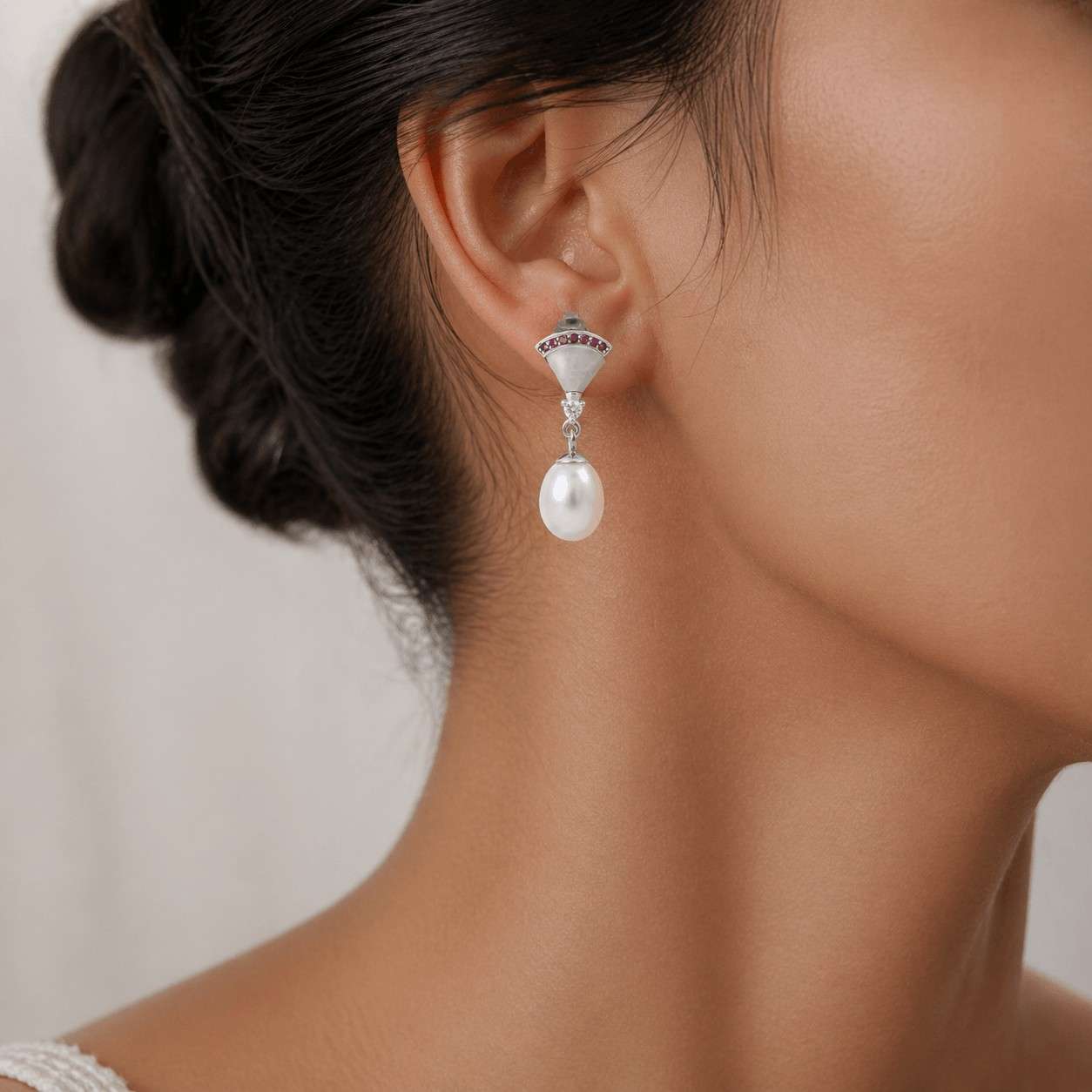 White Fresh Pearl Drop Earrings with Ruby Accent – Silver Finish