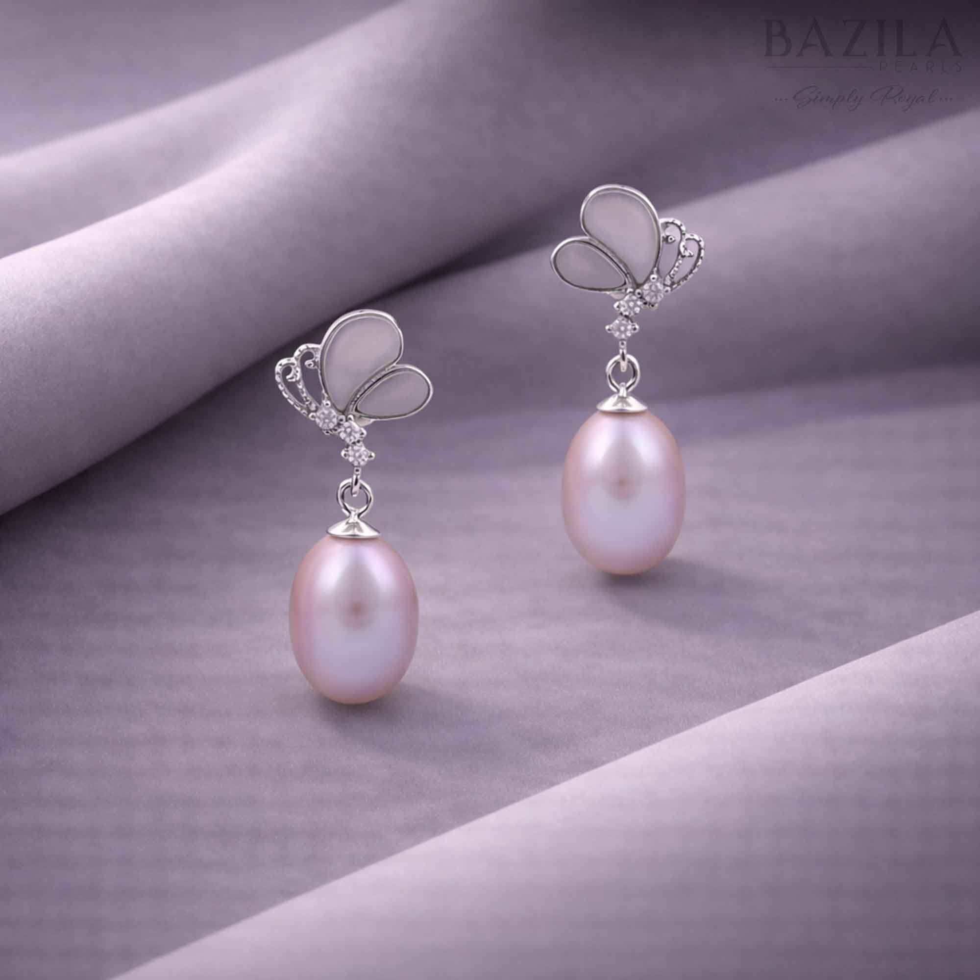 Pink Pearl Butterfly Drop Earrings – Silver Elegance