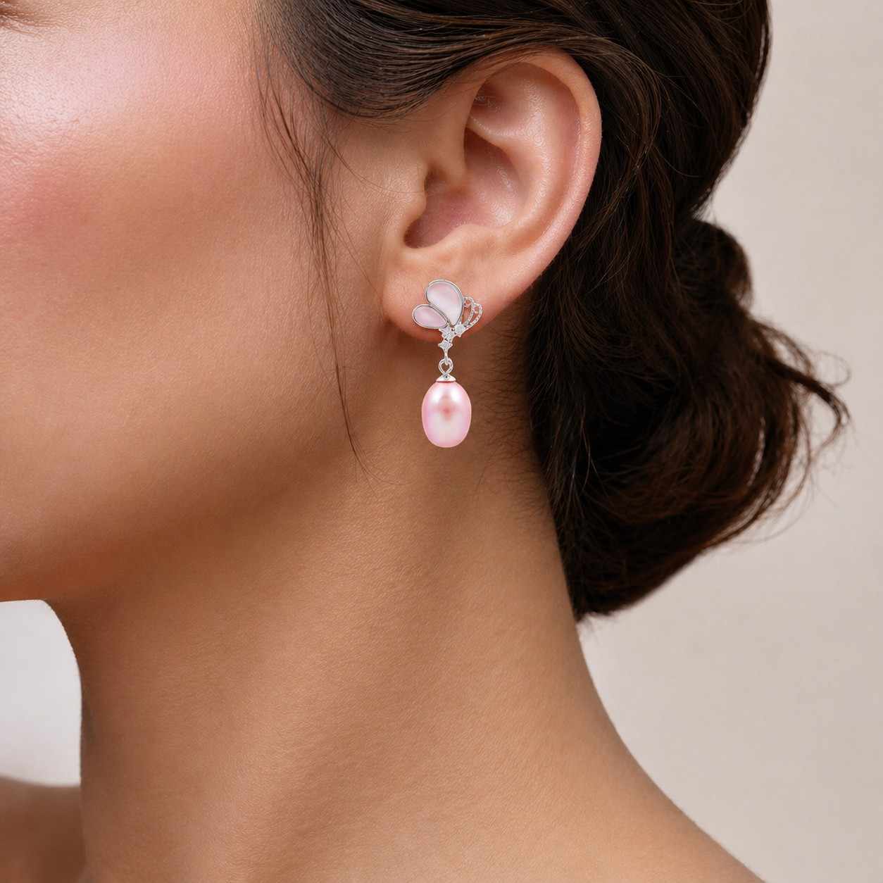 Pink Pearl Butterfly Drop Earrings – Silver Elegance