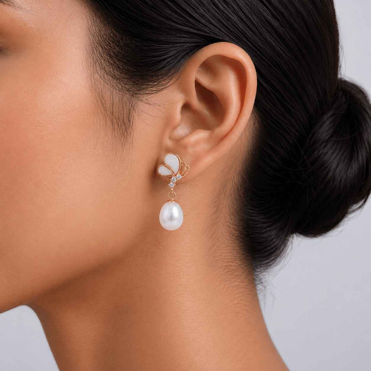 Golden Butterfly Pearl Drop Earrings