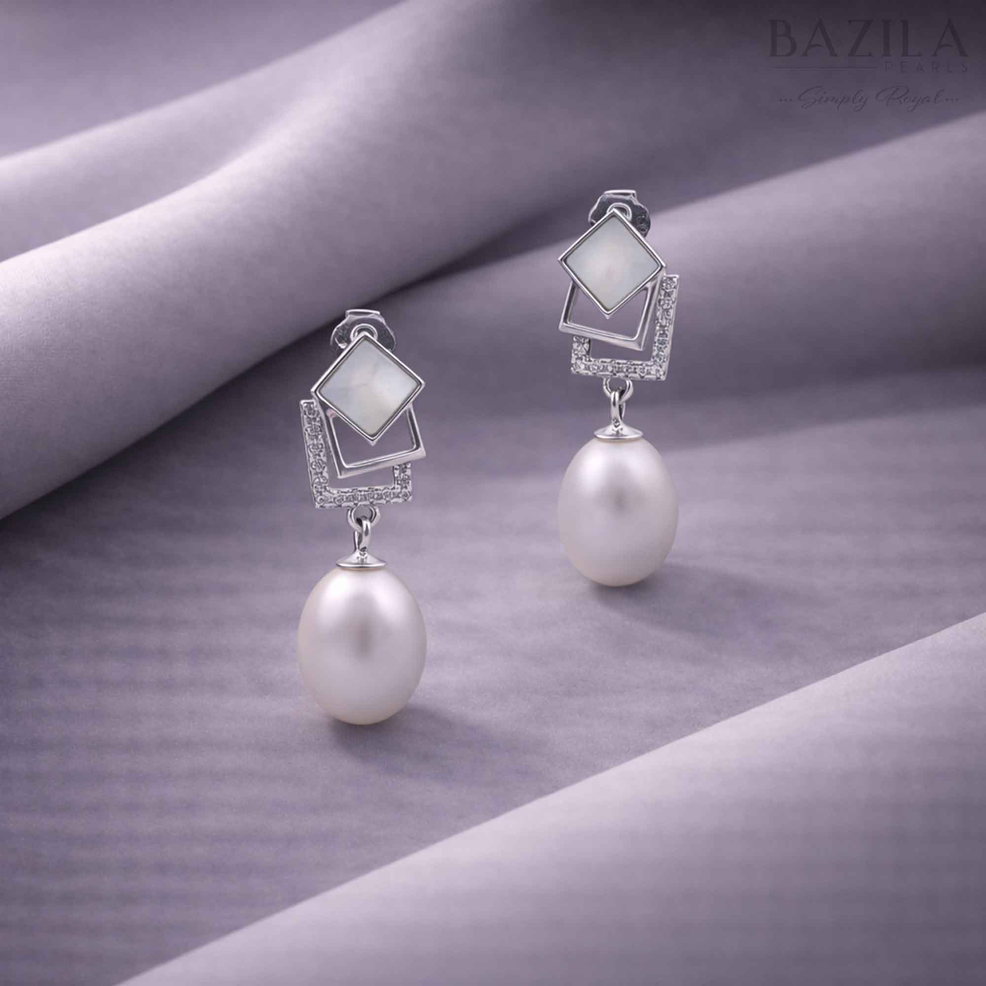 Silver Geometric Pearl Drop Earrings