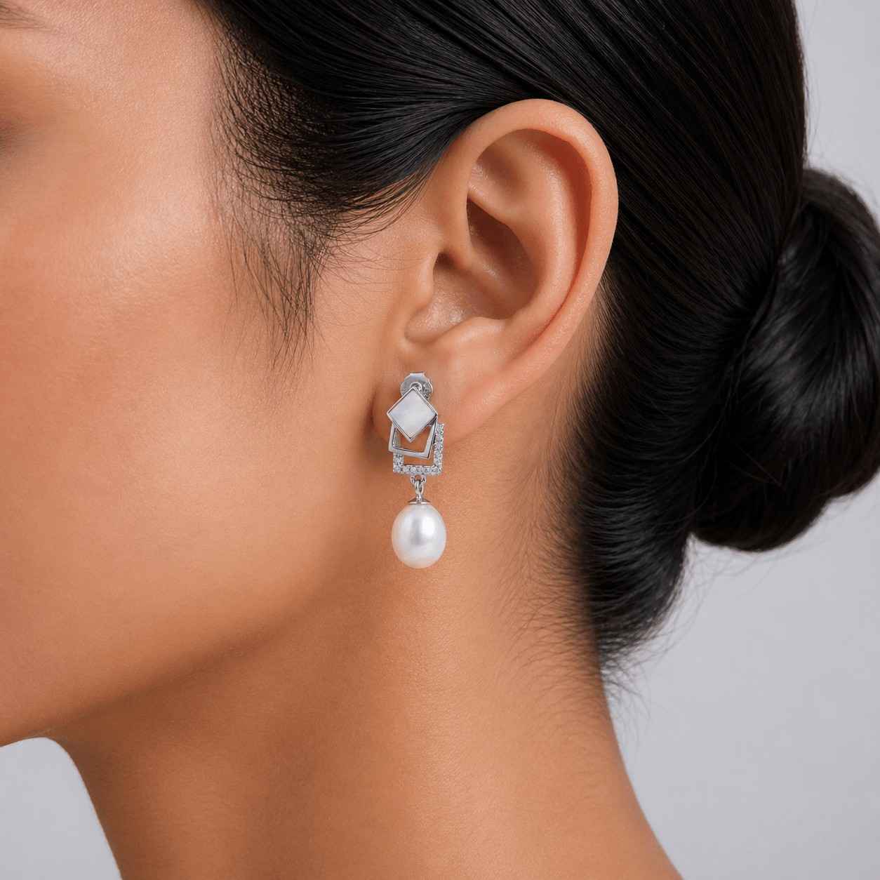 Silver Geometric Pearl Drop Earrings