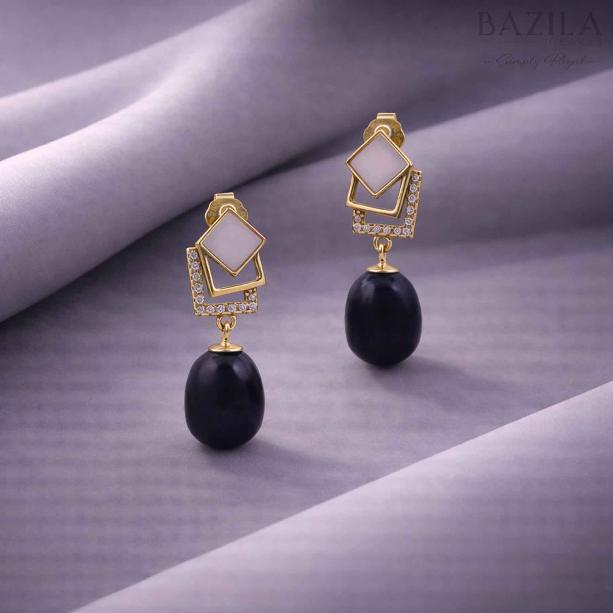 Gold Geometric Black Pearl Drop Earrings