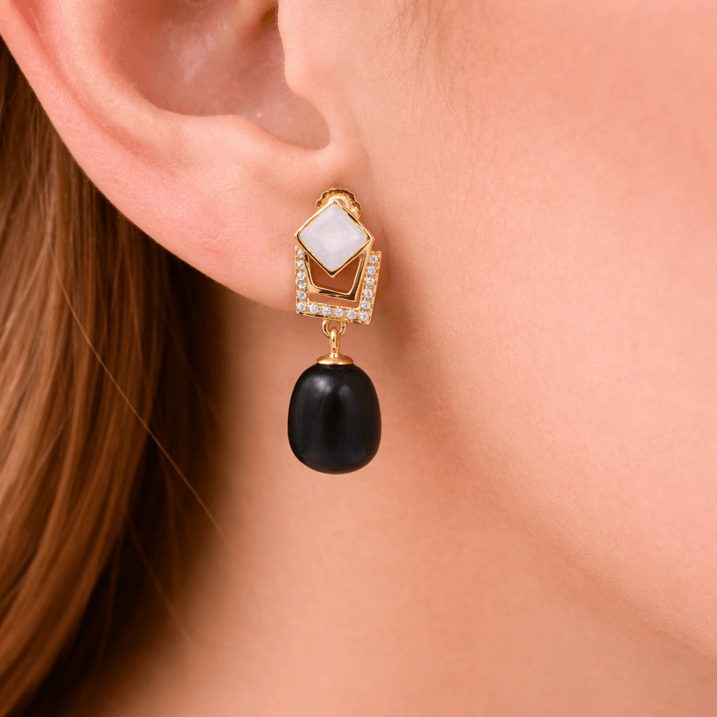 Gold Geometric Black Pearl Drop Earrings