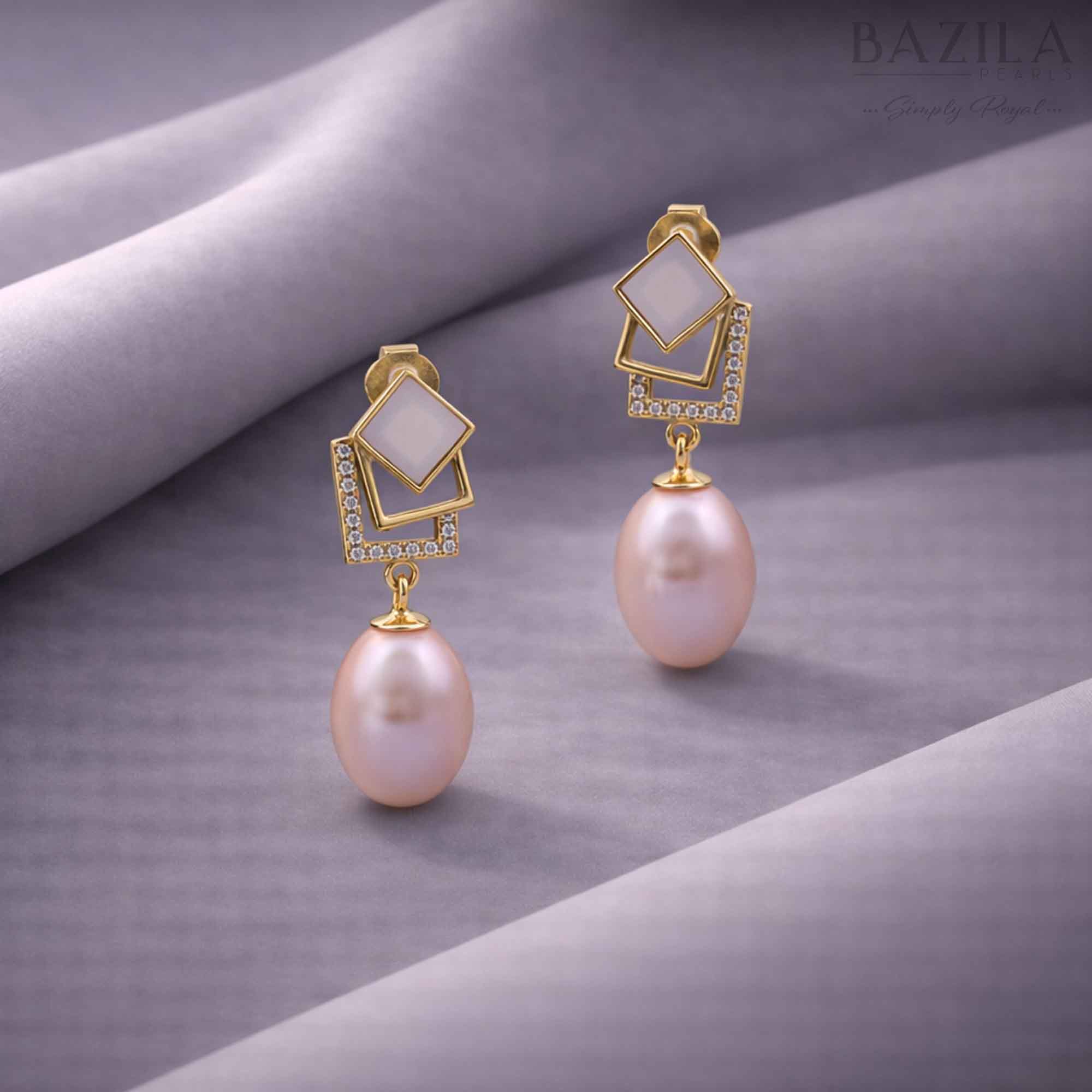 Gold Geometric Pink Pearl Drop Earrings