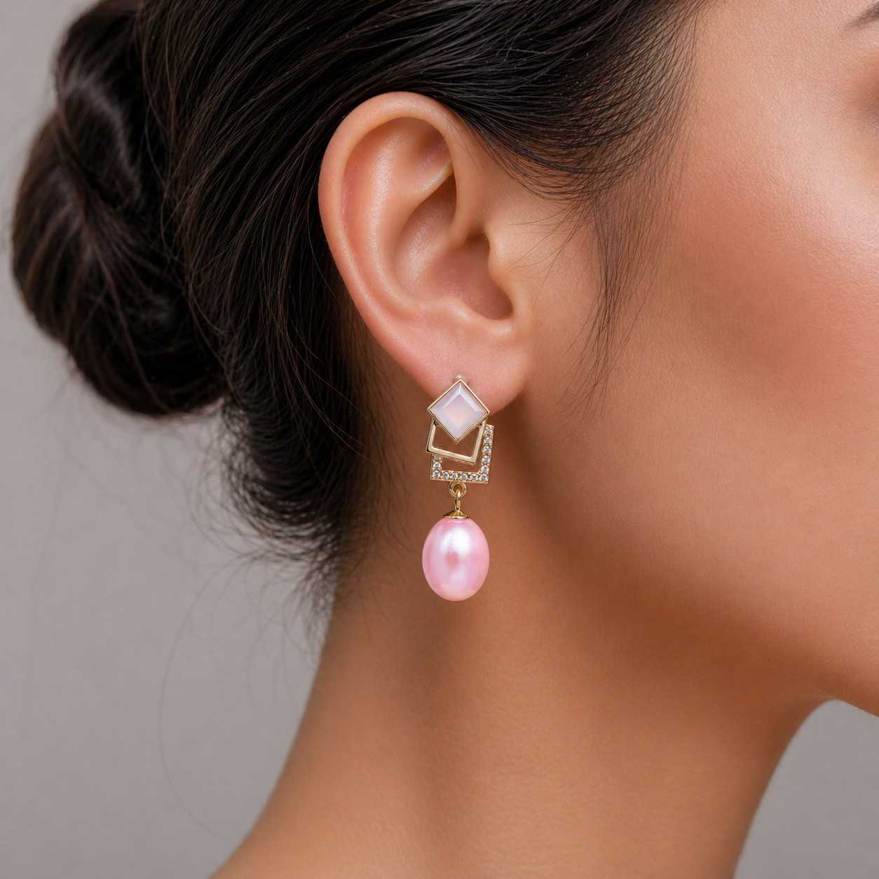 Gold Geometric Pink Pearl Drop Earrings