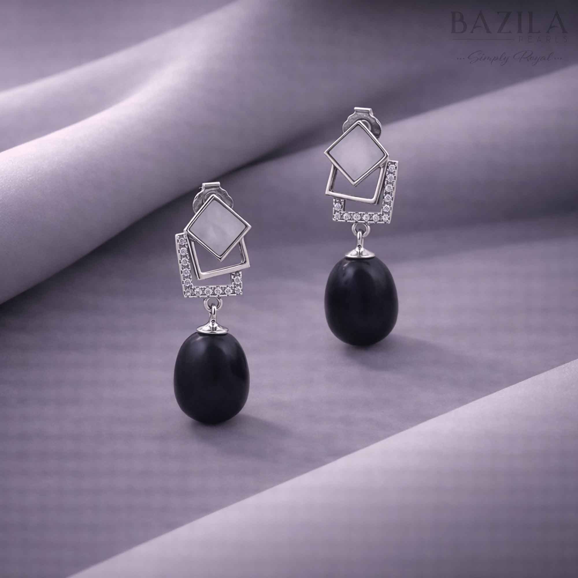 Silver Geometric Black Pearl Drop Earrings