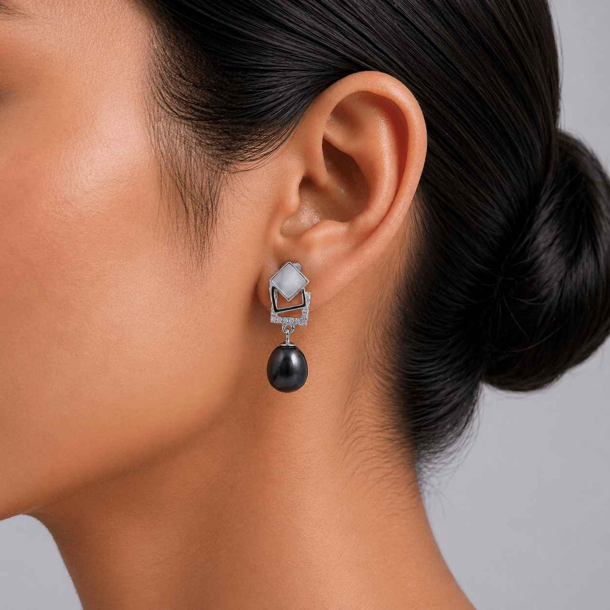 Silver Geometric Black Pearl Drop Earrings