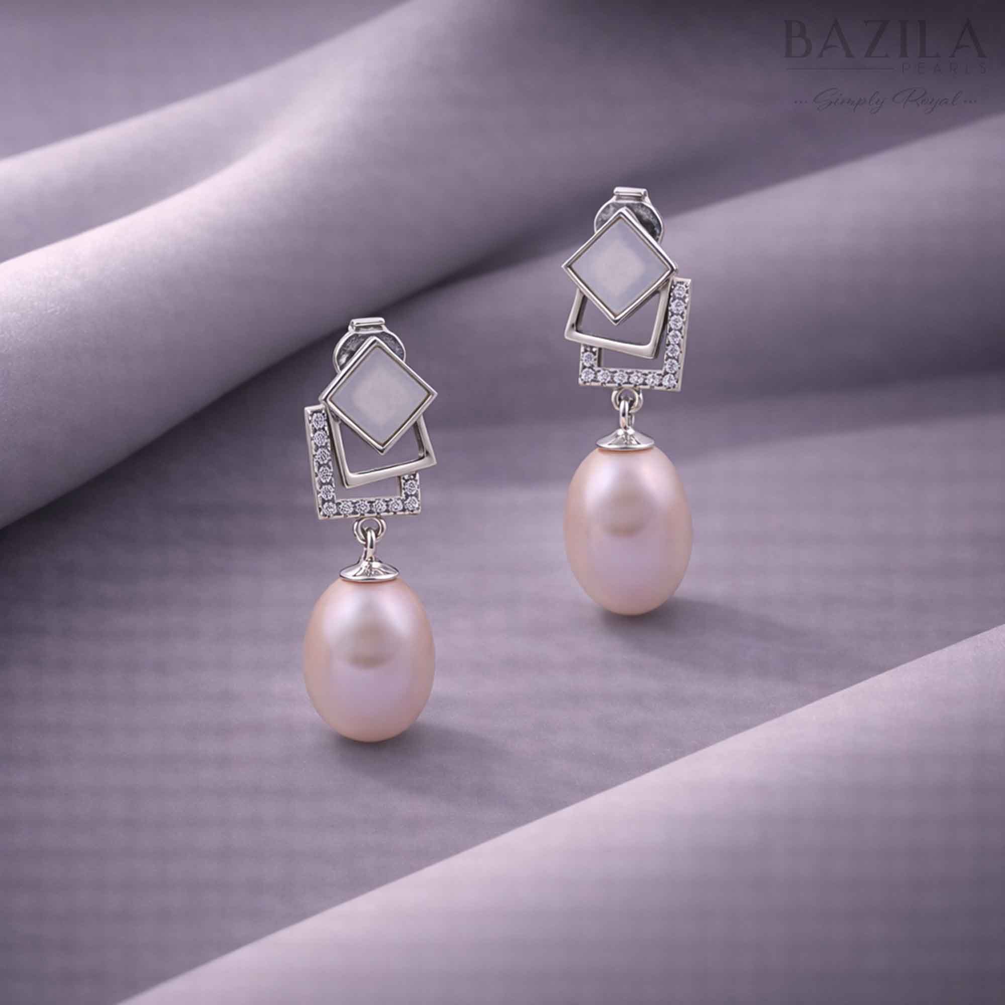 Silver Geometric Pink Pearl Drop Earrings