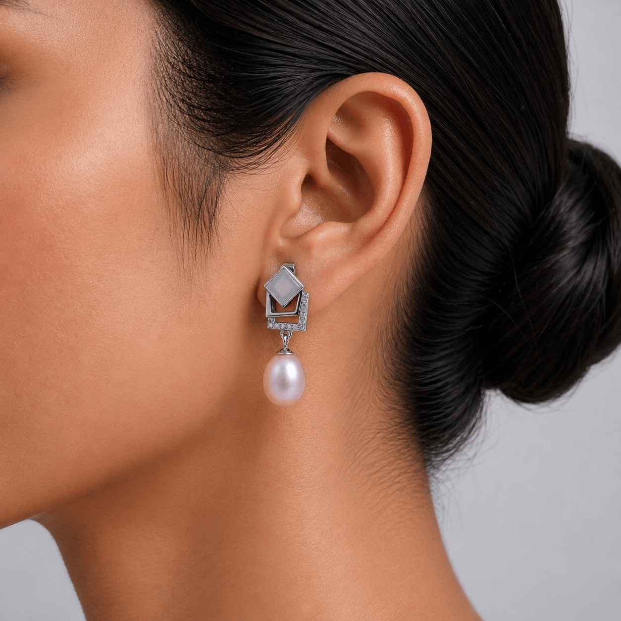Silver Geometric Pink Pearl Drop Earrings