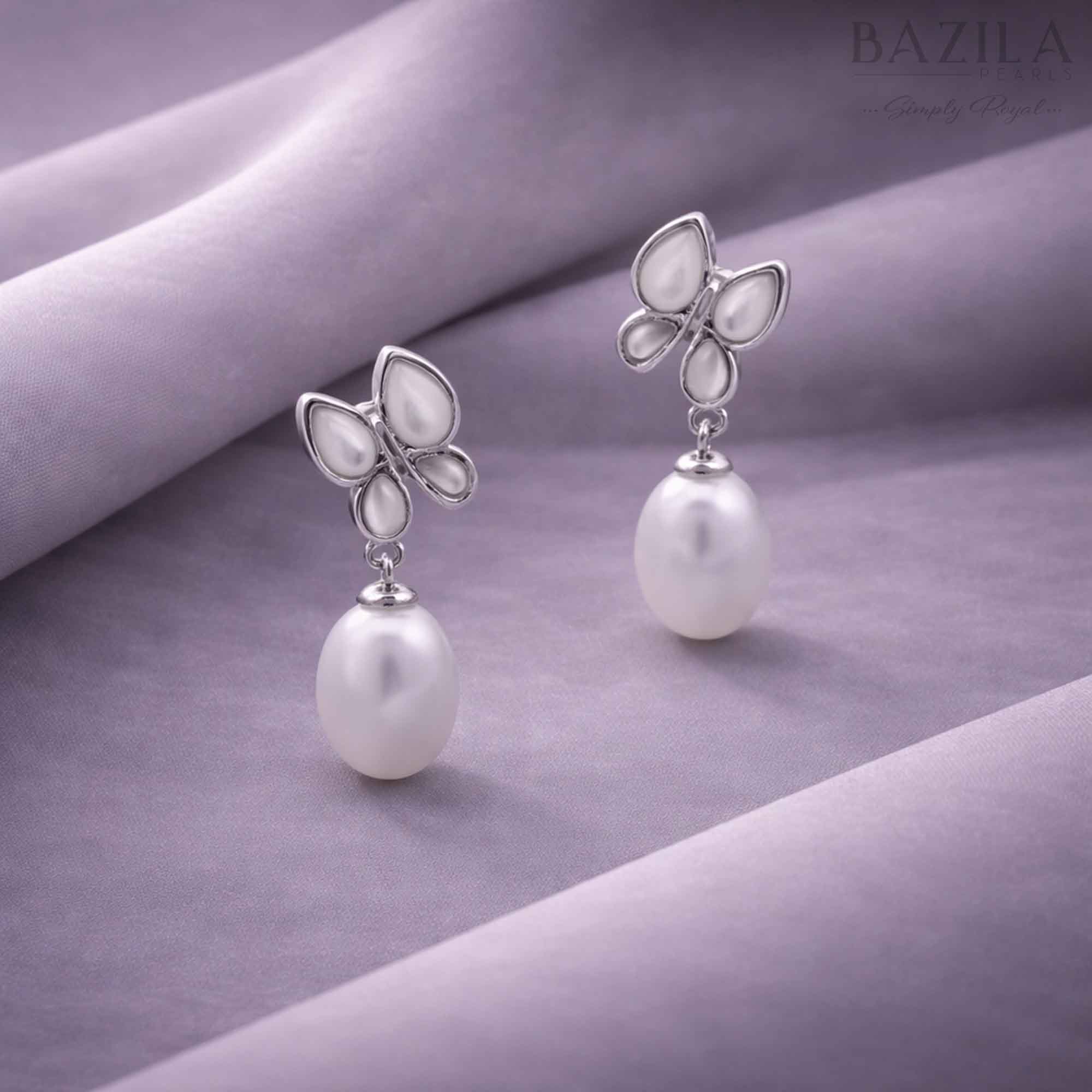 White Fresh Pearl Butterfly Drop Earrings – Silver Finish