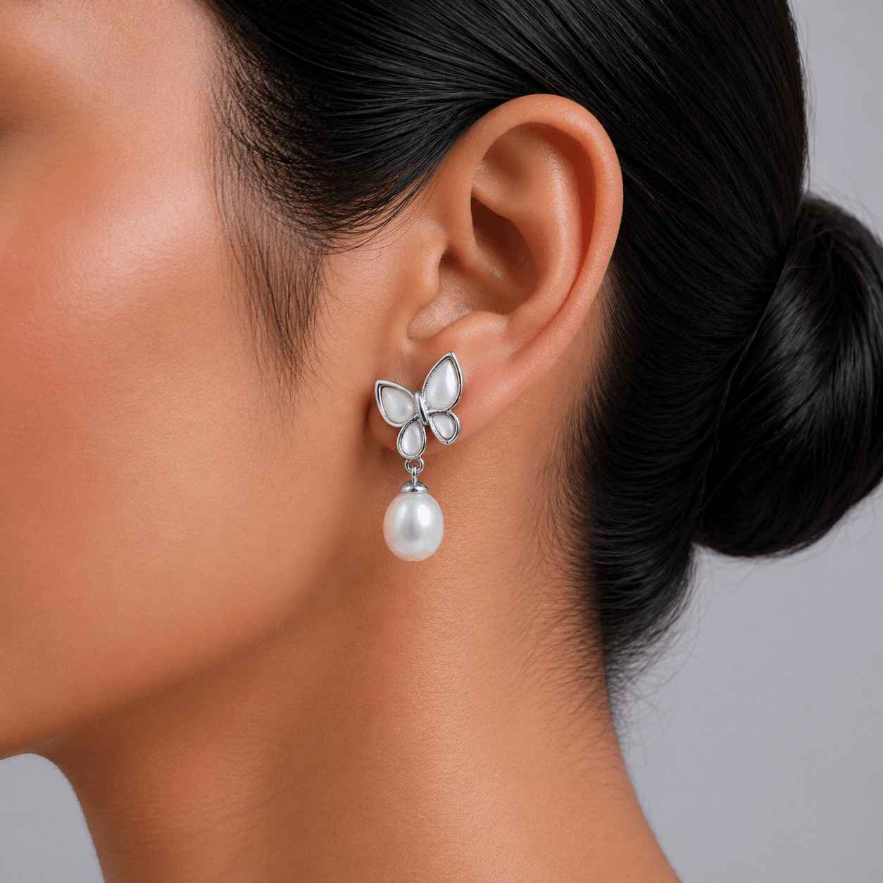 White Fresh Pearl Butterfly Drop Earrings – Silver Finish