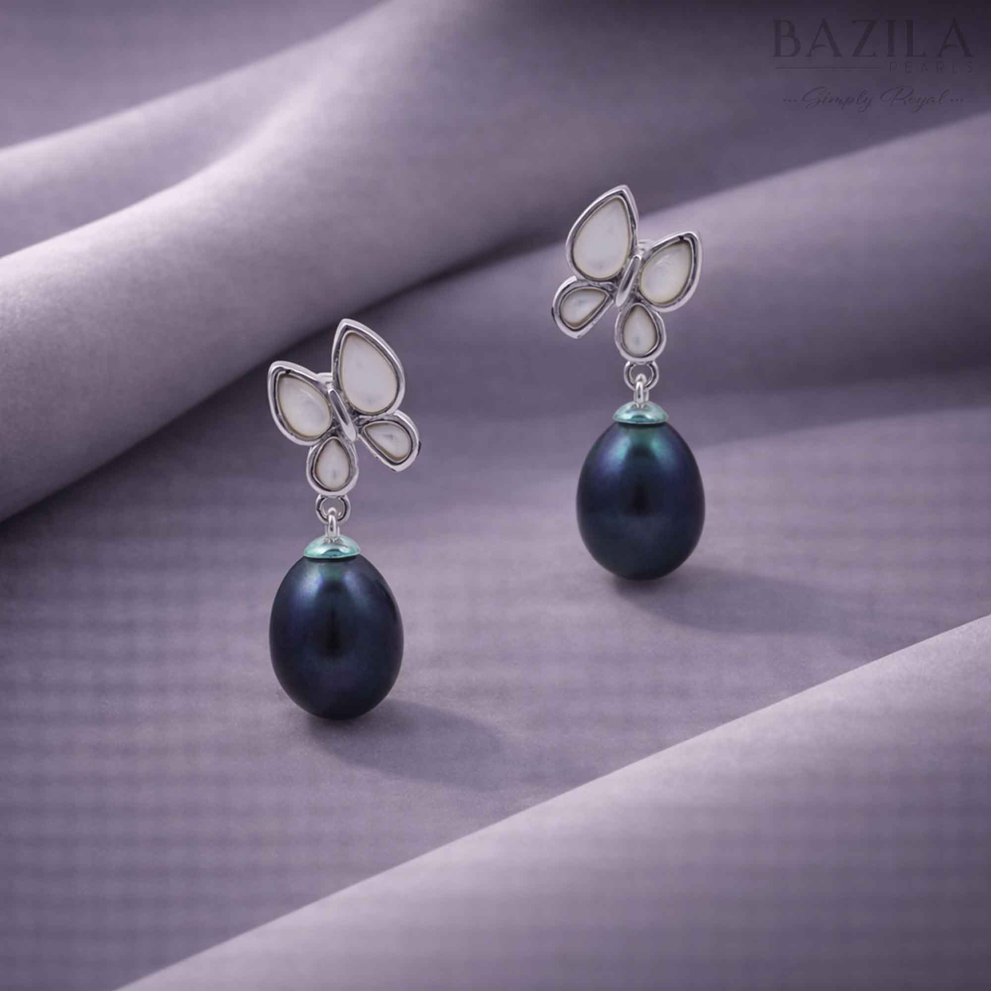 Peacock Blue Fresh Pearl Butterfly Drop Earrings – Silver Finish