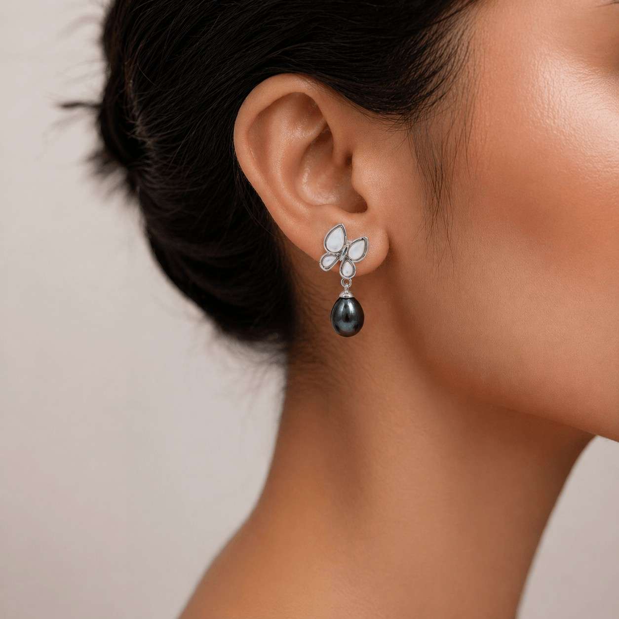 Peacock Blue Fresh Pearl Butterfly Drop Earrings – Silver Finish