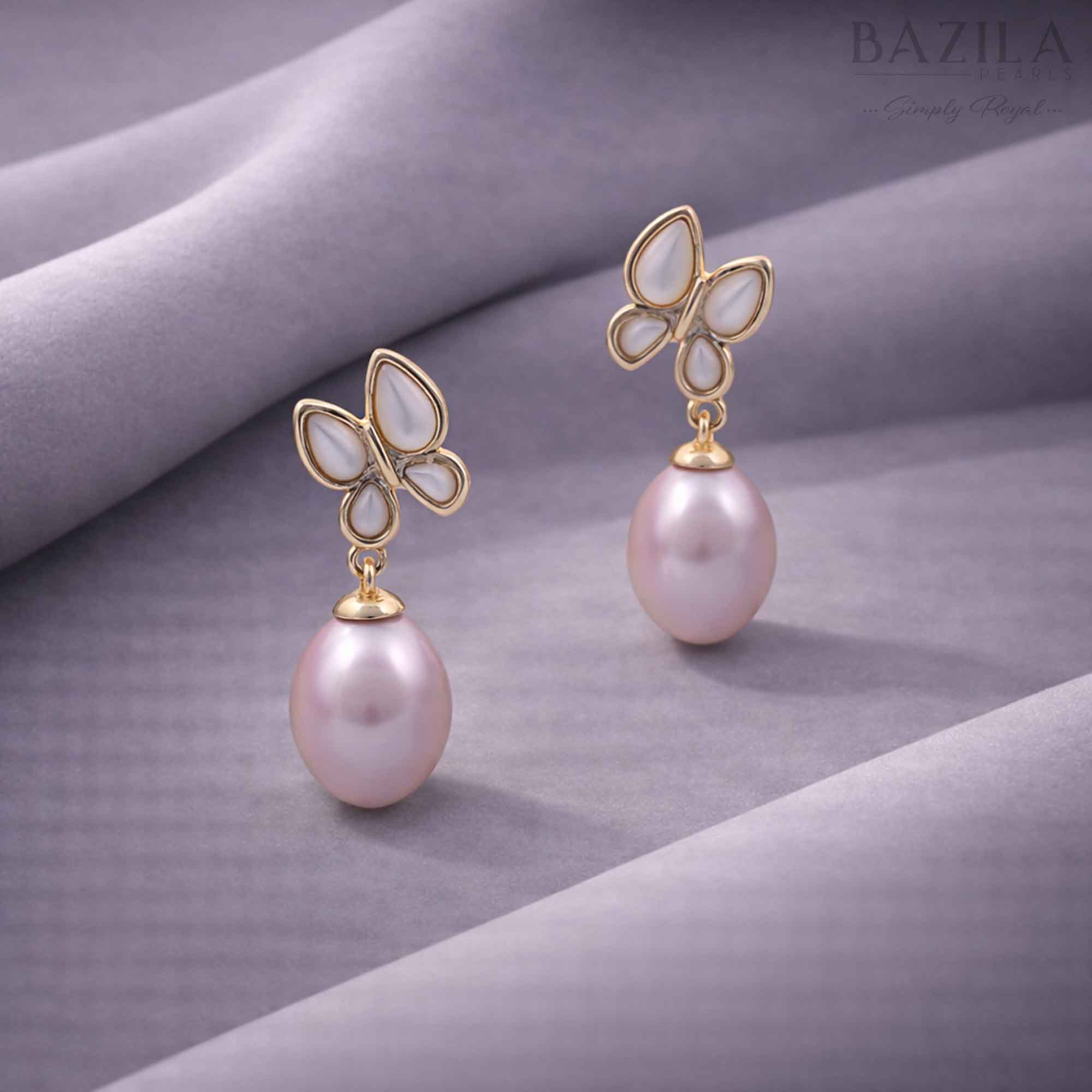 Pink Fresh Pearl Butterfly Drop Earrings – Gold Finish