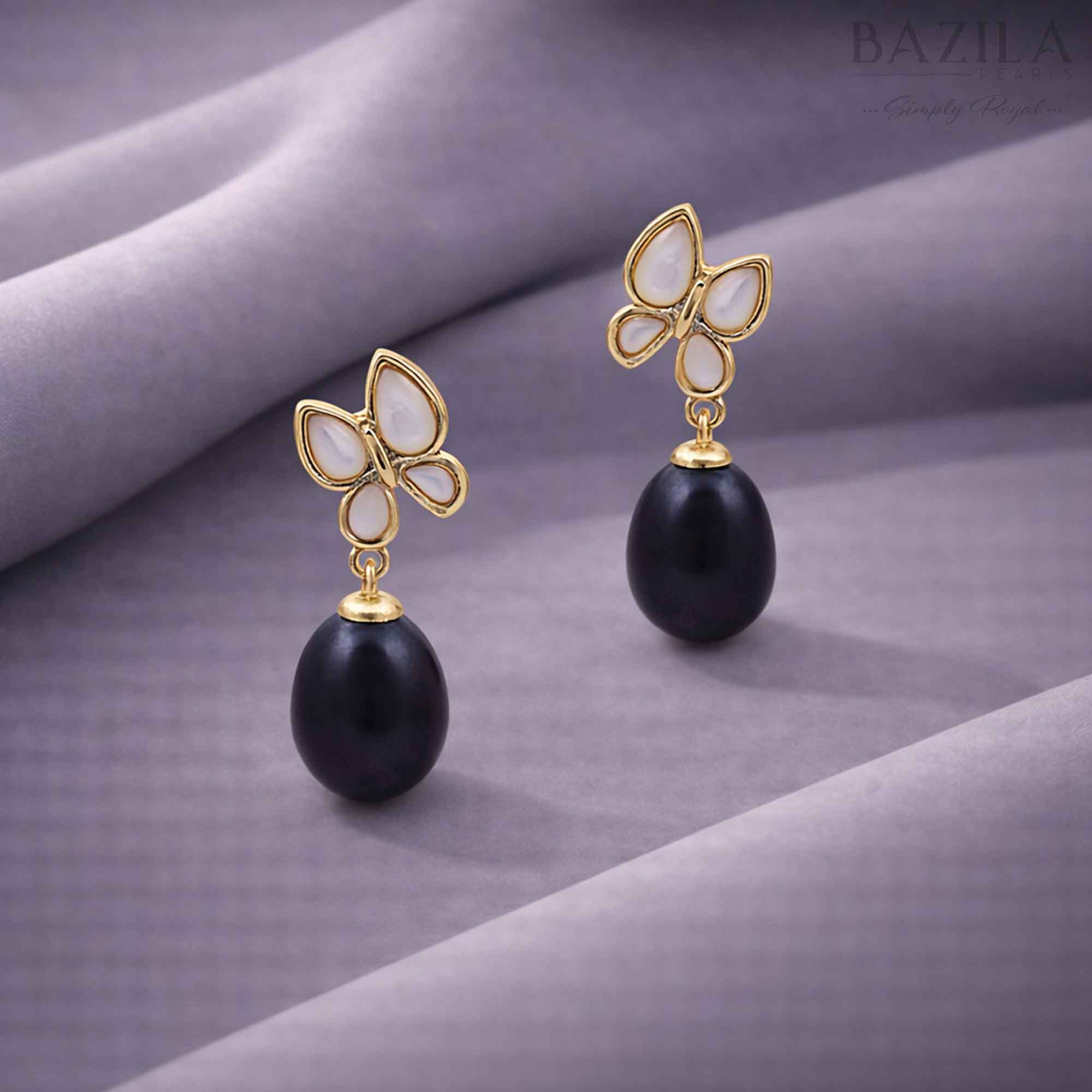 Black Fresh Pearl Butterfly Drop Earrings – Gold Finish